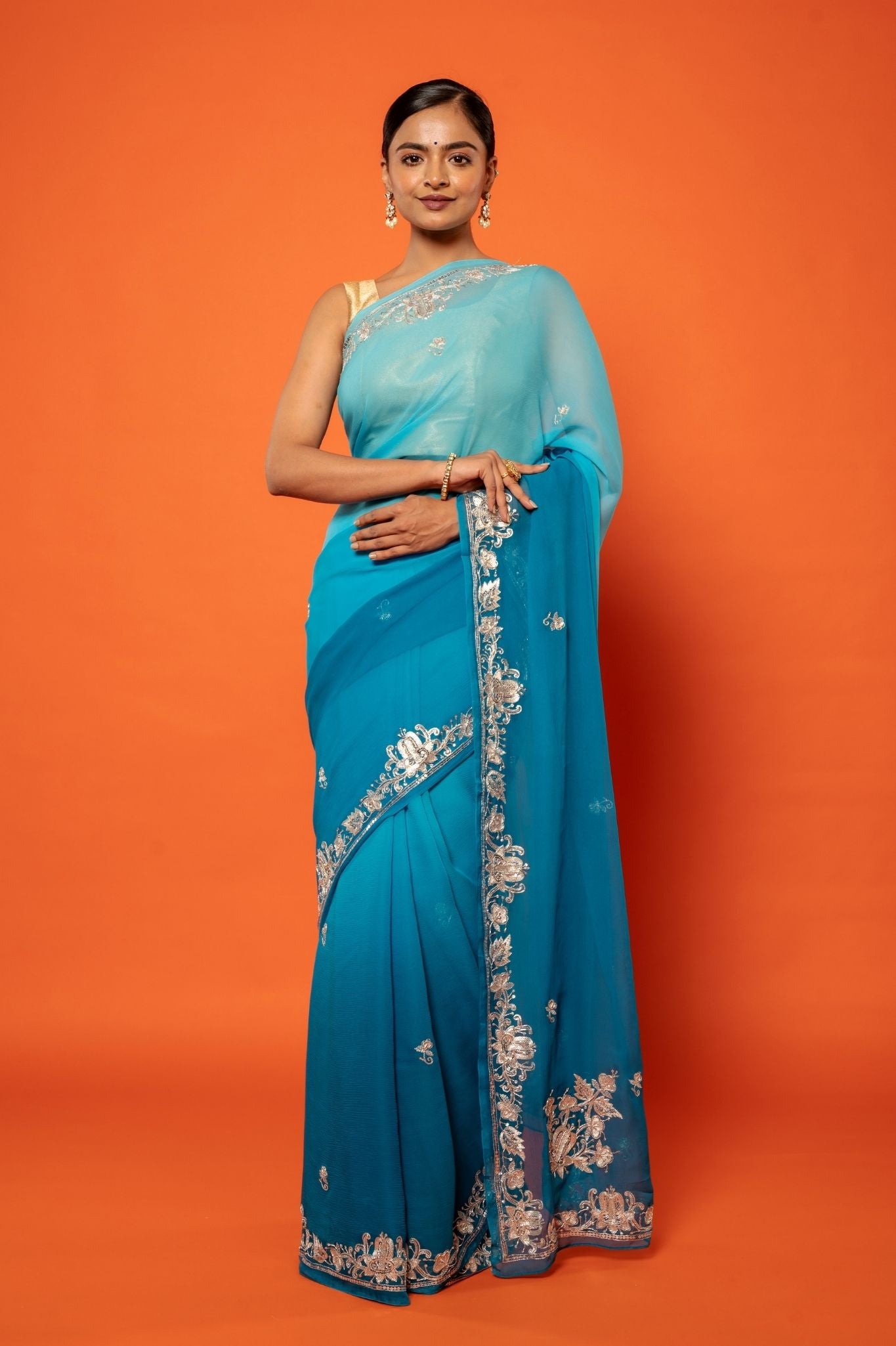 Rama Blue Light dark pure chiffon aari sequins  jaal handwork saree