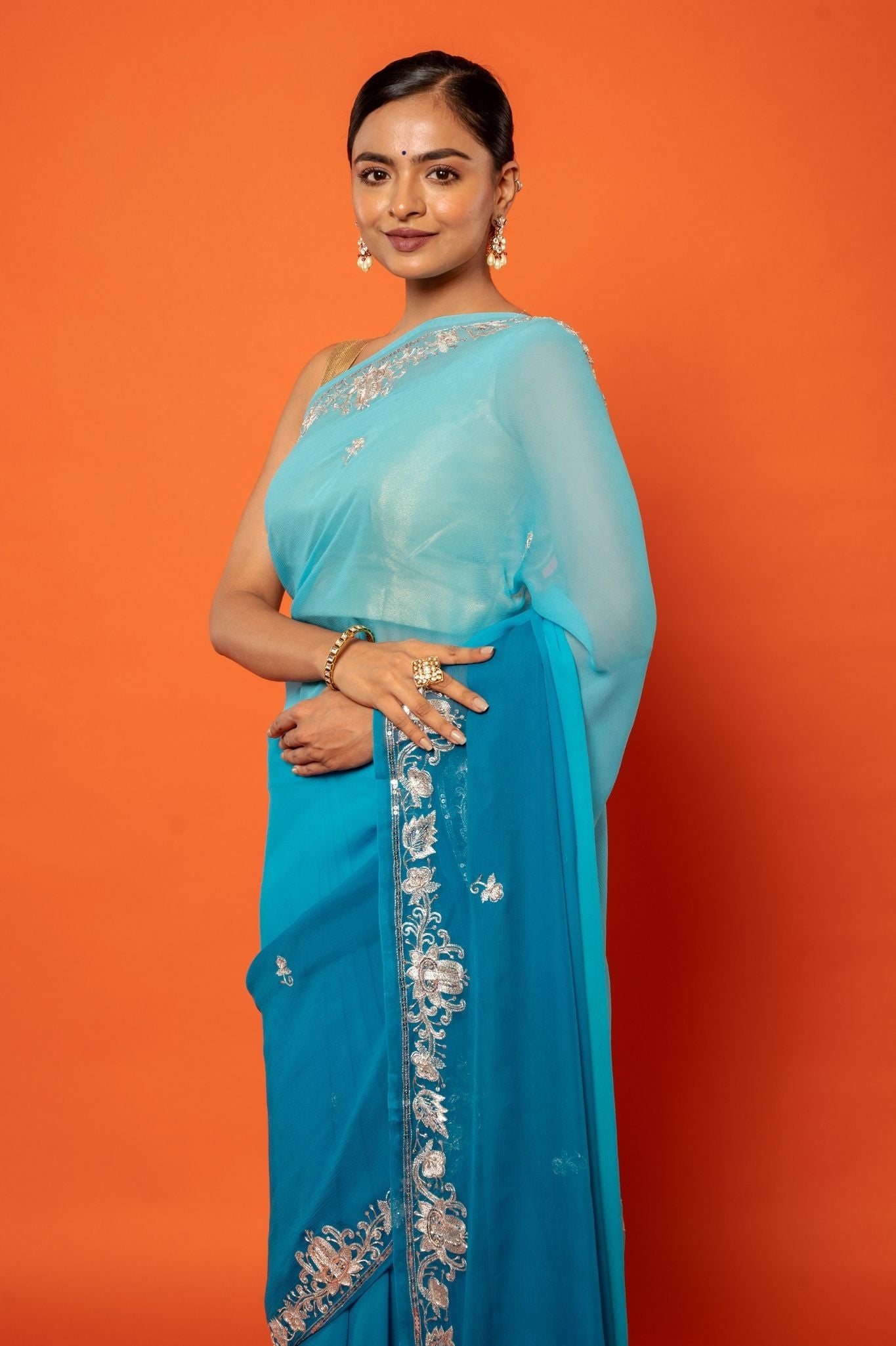Rama Blue Light dark pure chiffon aari sequins  jaal handwork saree