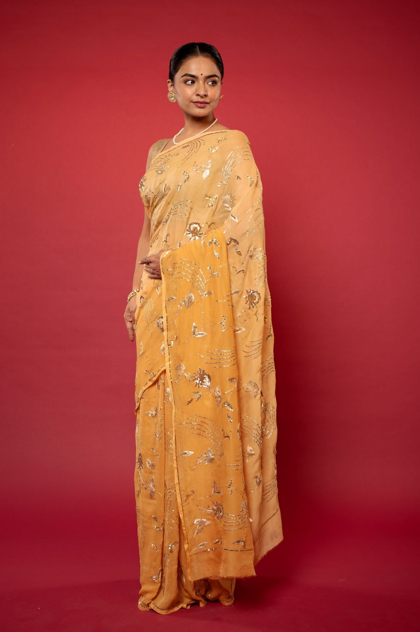 Peach pure chiffon aari sequins  jaal handwork saree