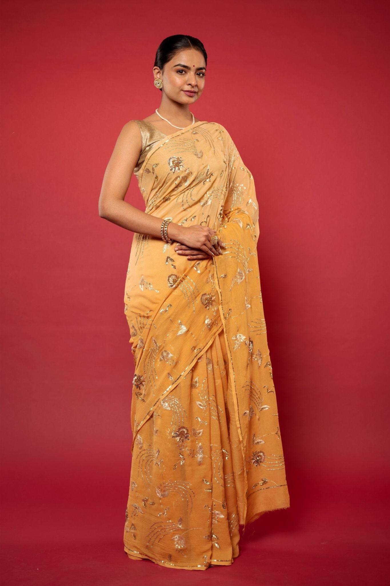 Peach pure chiffon aari sequins  jaal handwork saree