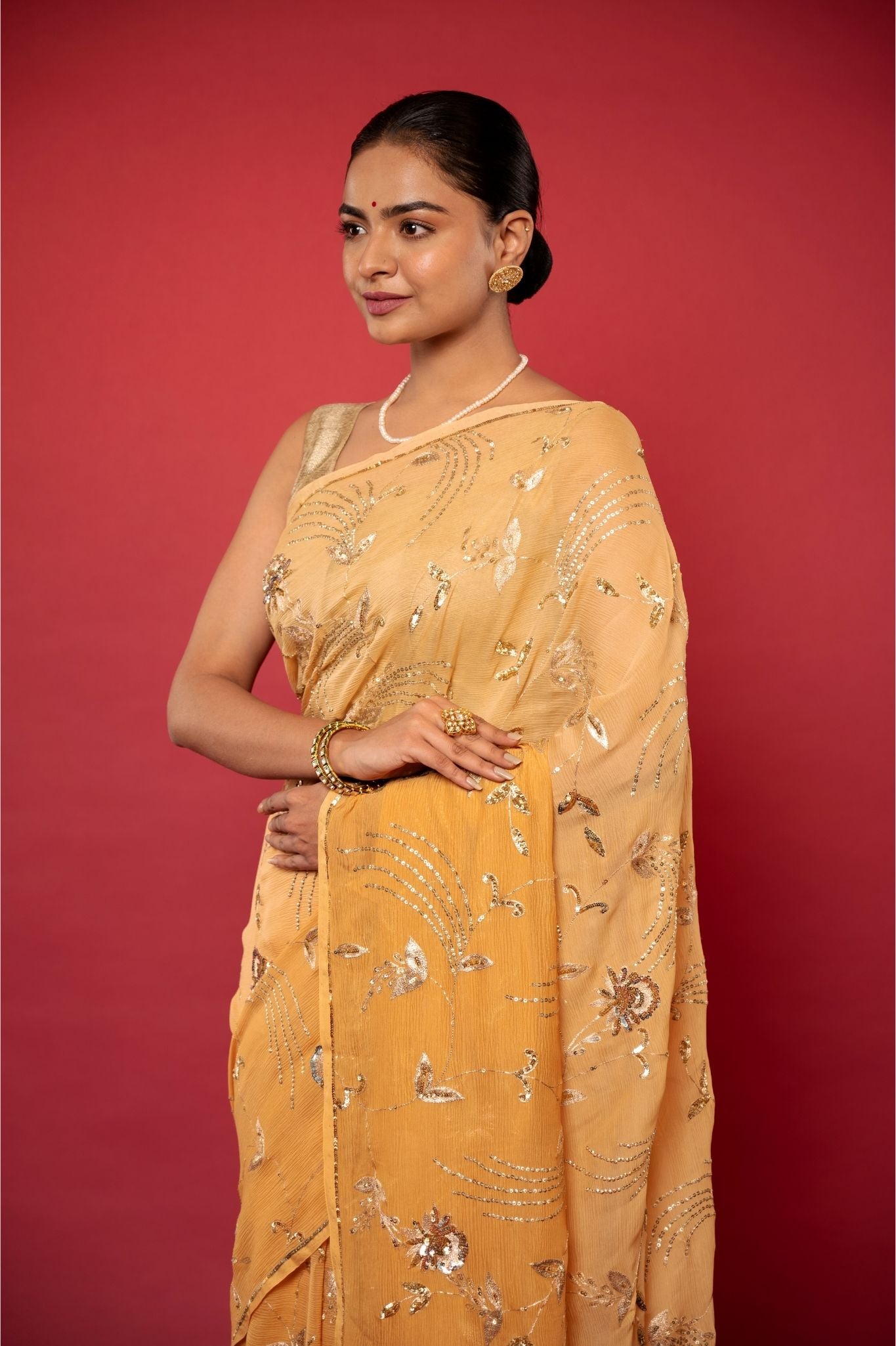 Peach pure chiffon aari sequins  jaal handwork saree