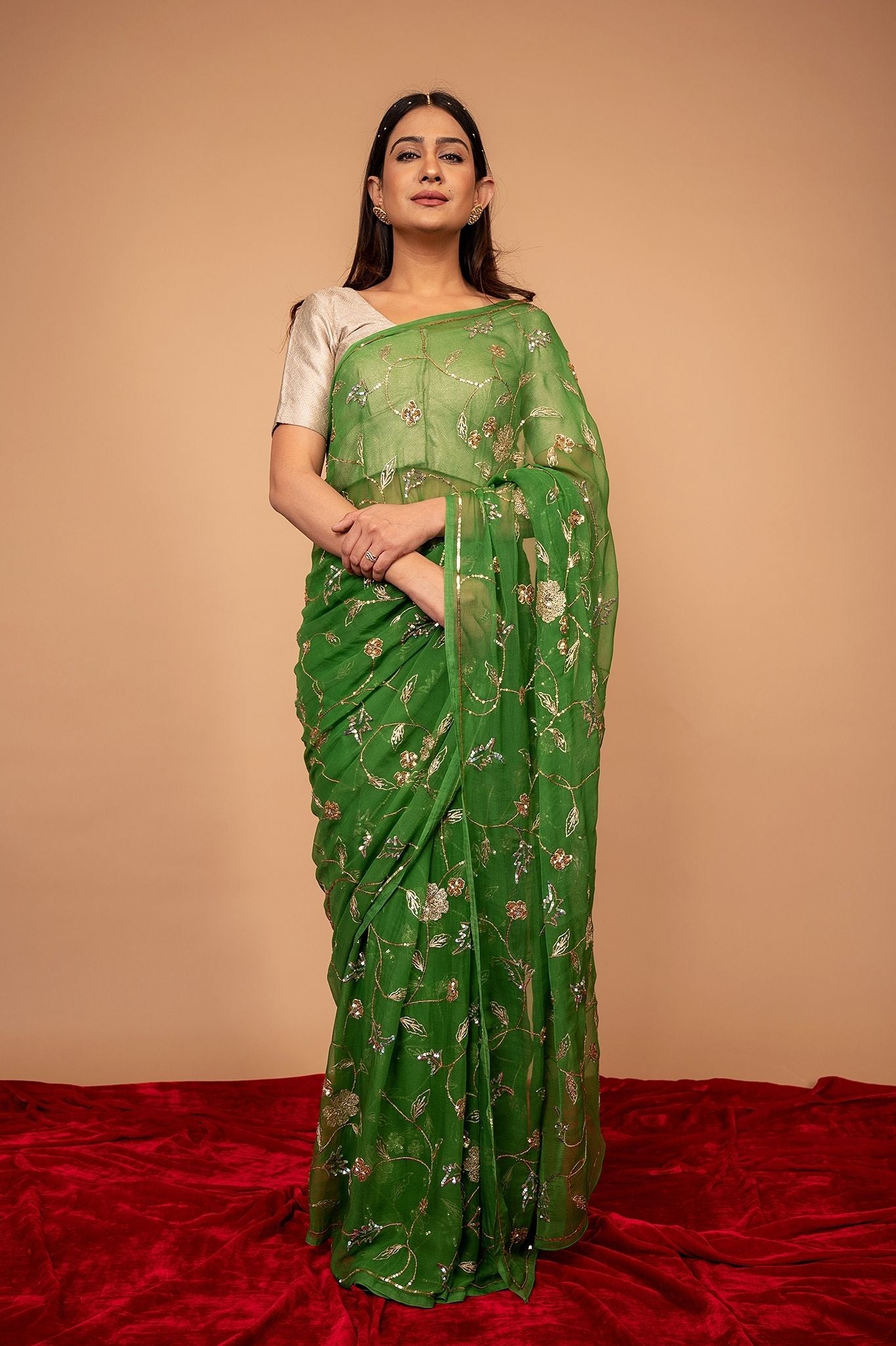 Green Viscose Chiffon Aari sequins  Jaal handwork party wear Saree