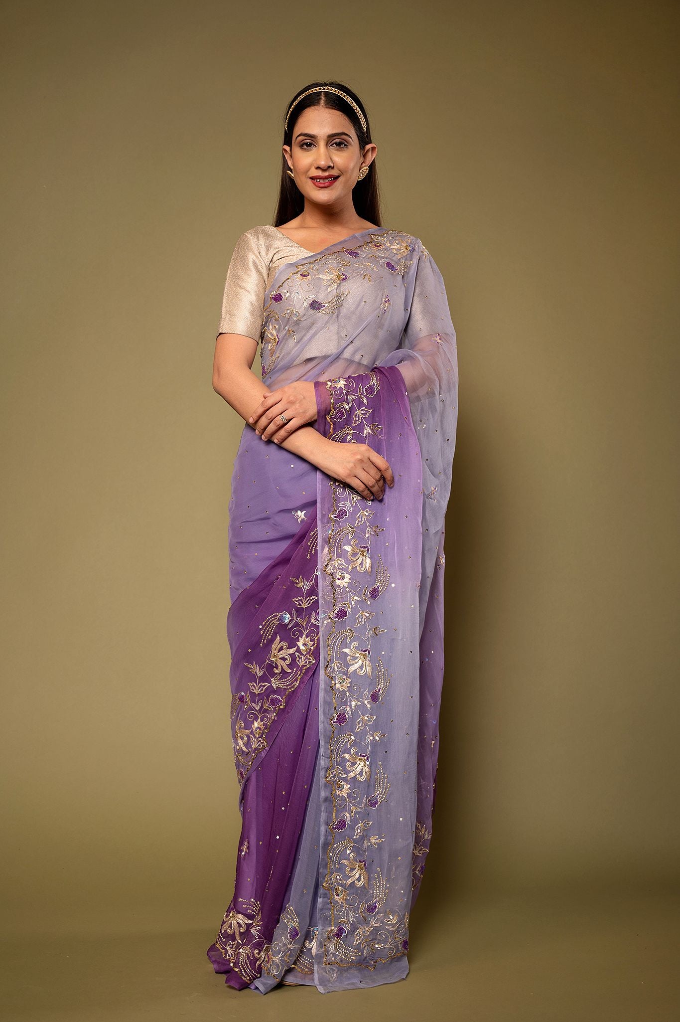 Lavender Pure Chiffon aari sequins  border butti handwork saree