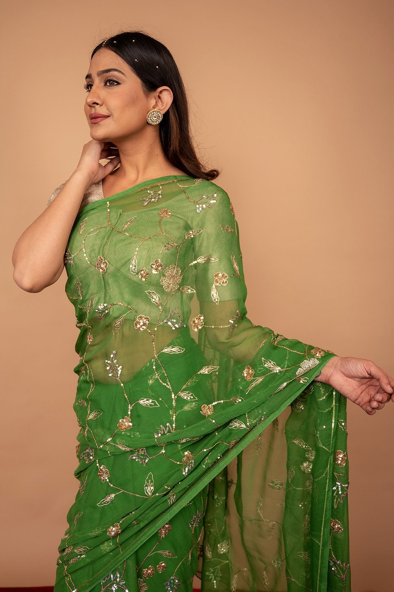Green Viscose Chiffon Aari sequins  Jaal handwork party wear Saree