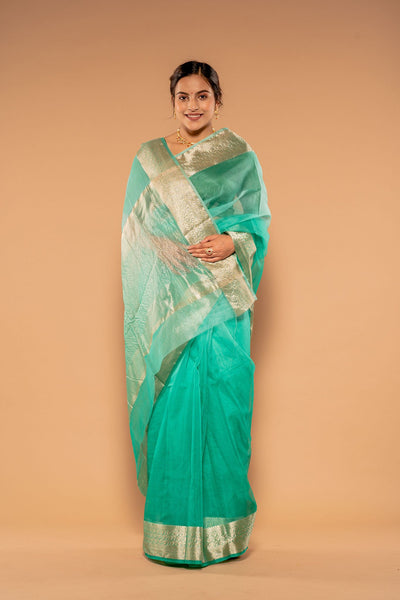 Zari Weaving See Green Organza Saree