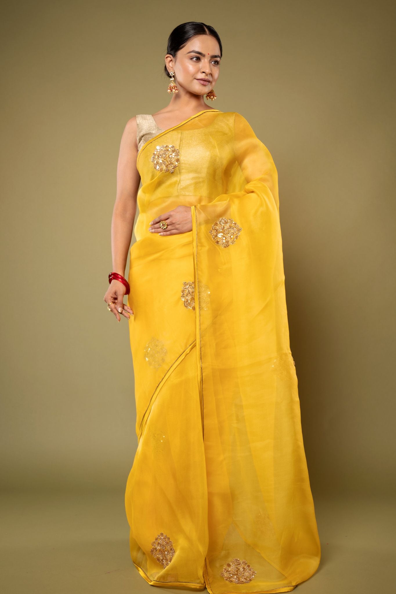 yellow Organza  Zardozi Motif handwork saree