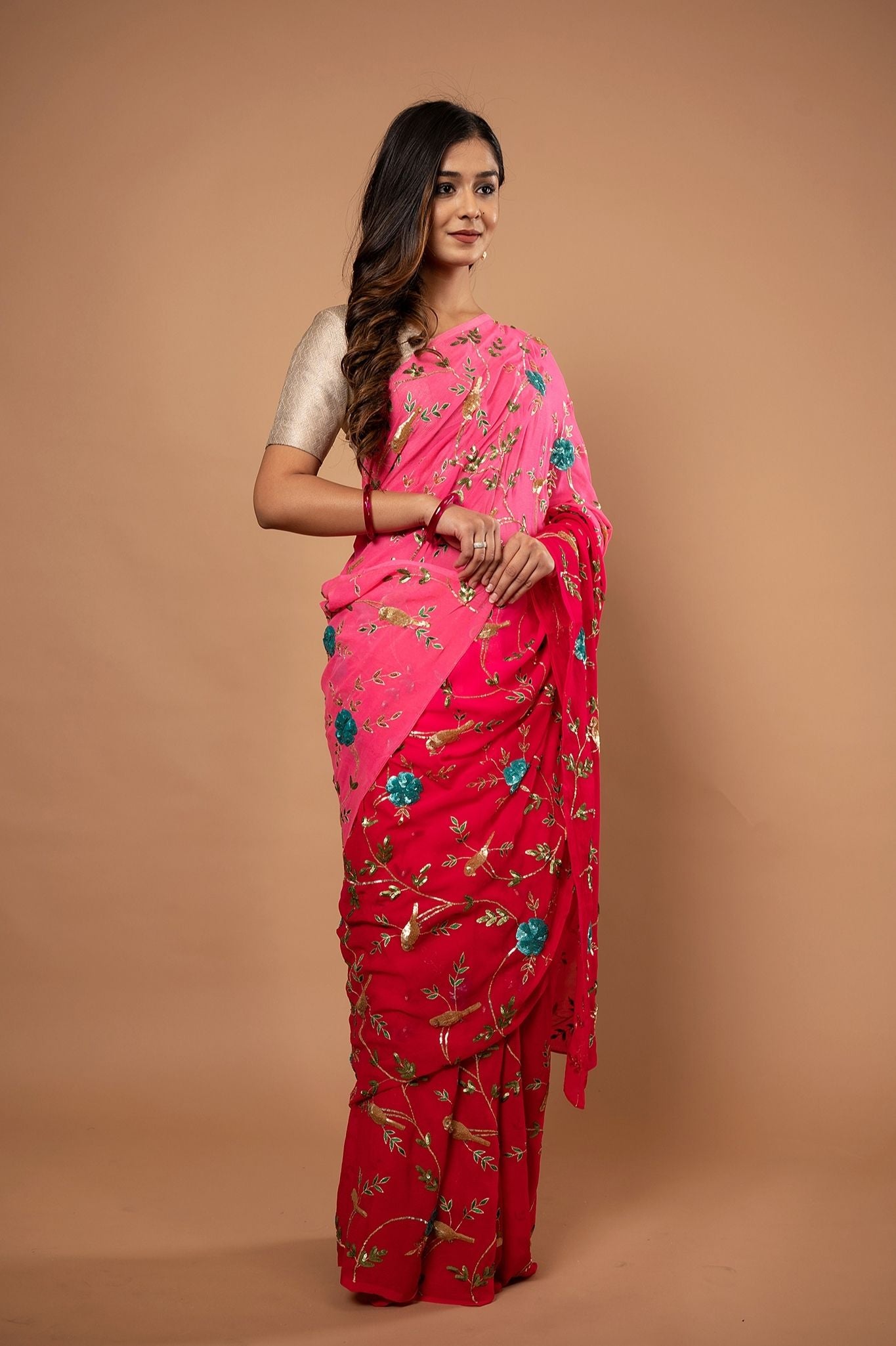 Gajri Pink light dark pure chiffon aari sequins  jaal handwork saree