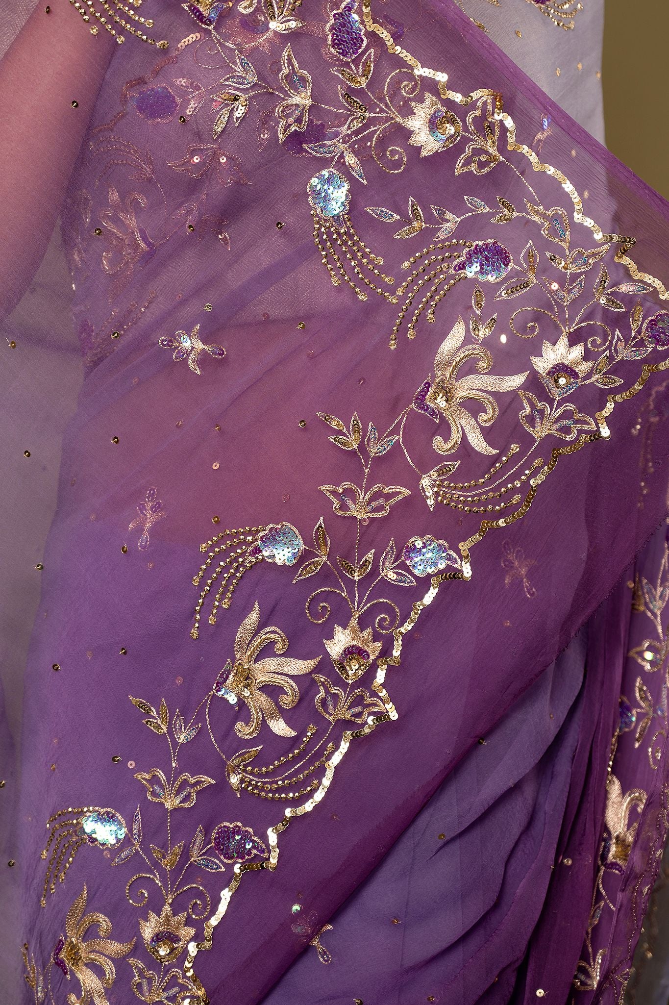 Lavender Pure Chiffon aari sequins  border butti handwork saree