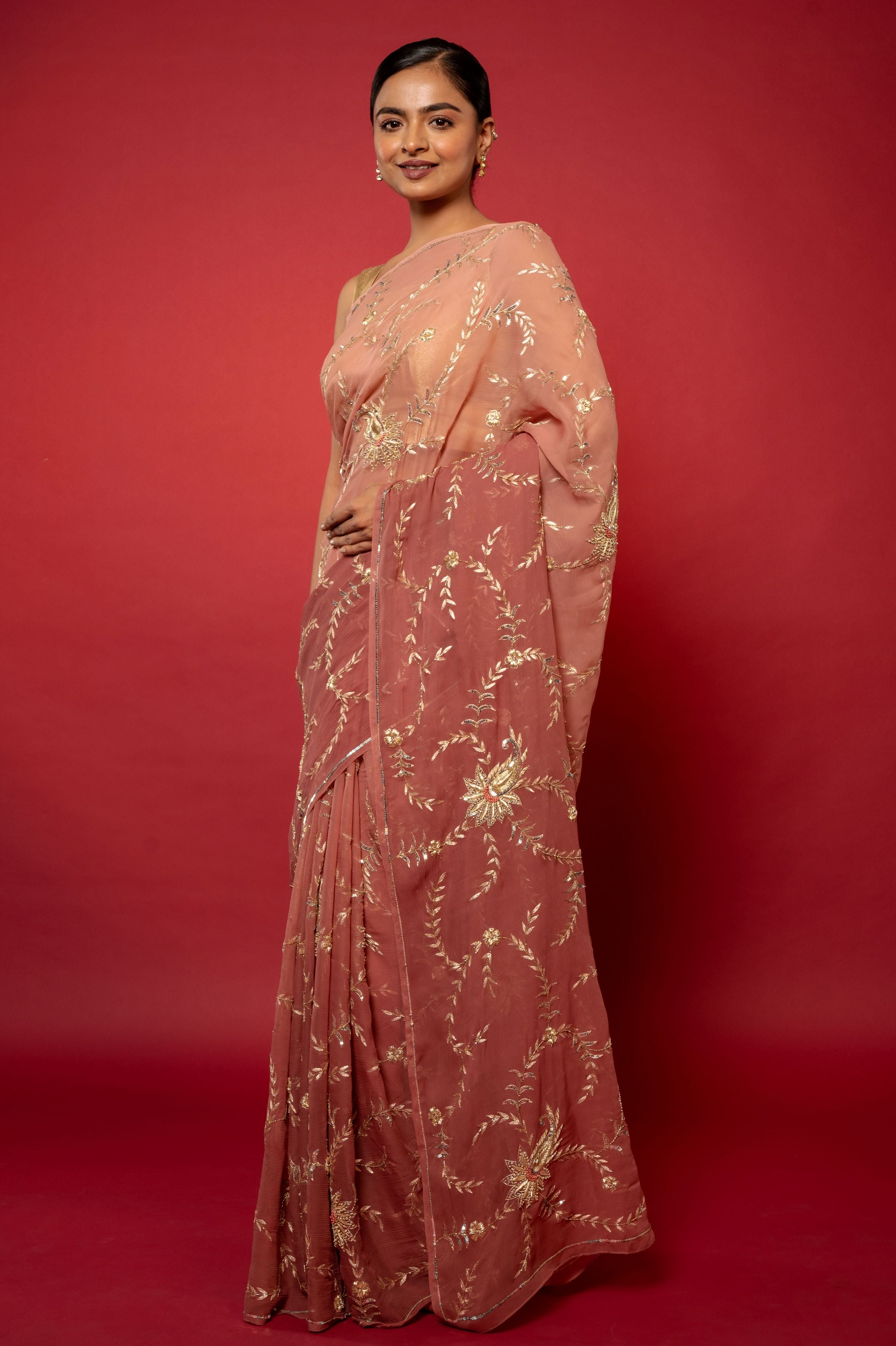 Choclate brown light dark Pure Chiffon aari zardozi sequins  jaal handwork saree