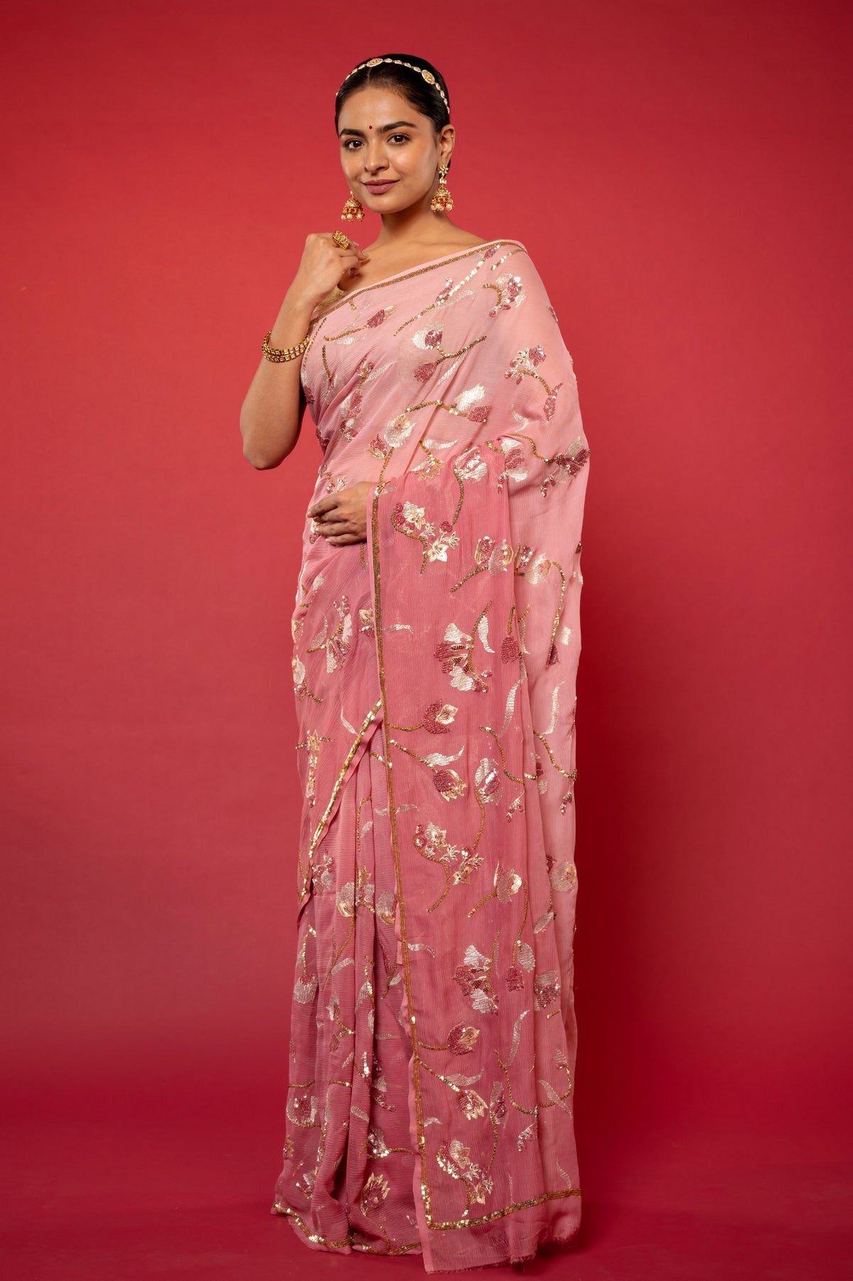 Pink Pure Chiffon Aari sequins Jaal work Saree