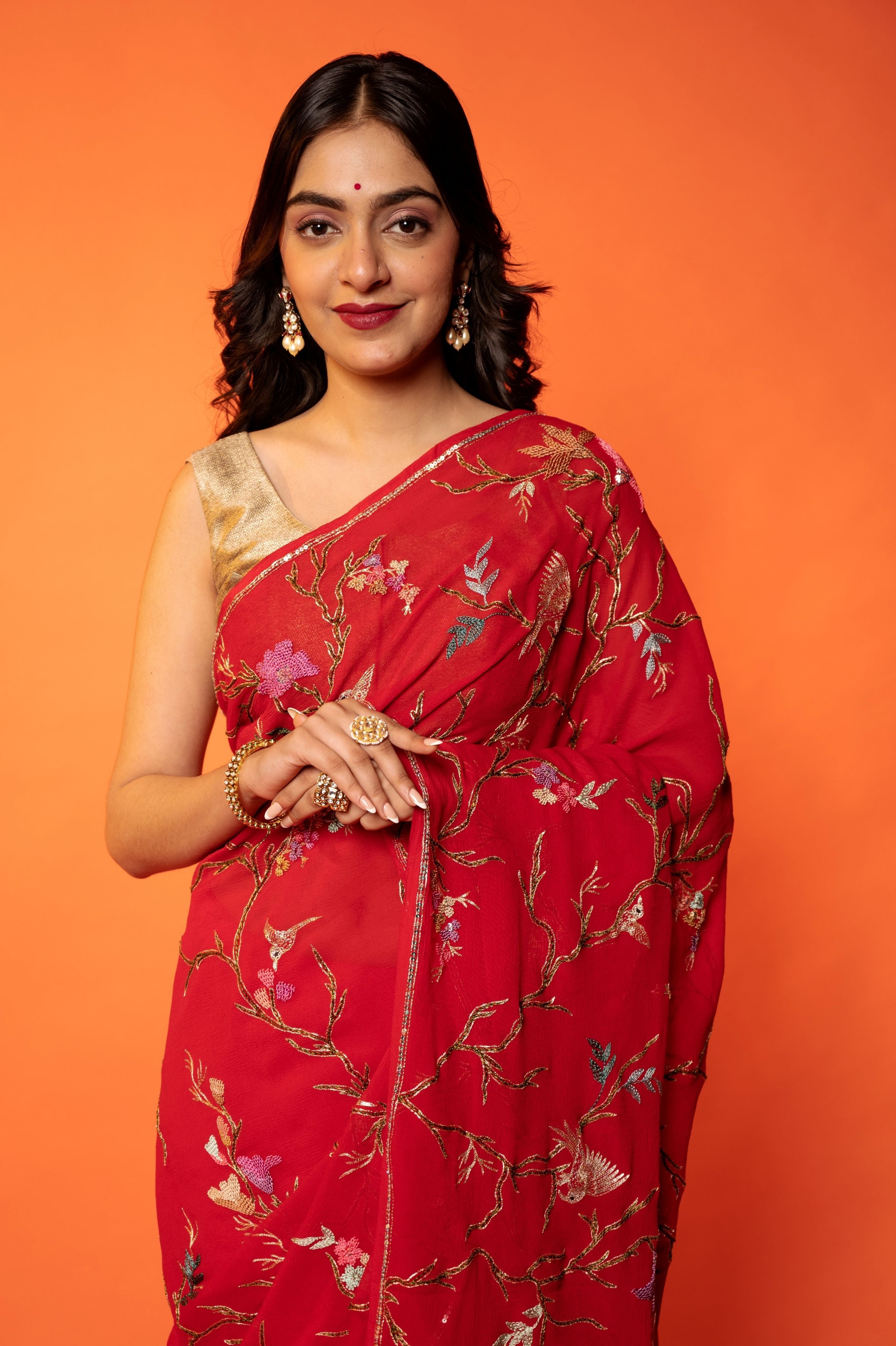 Red Pure Chiffon aari resham jaal handwork saree