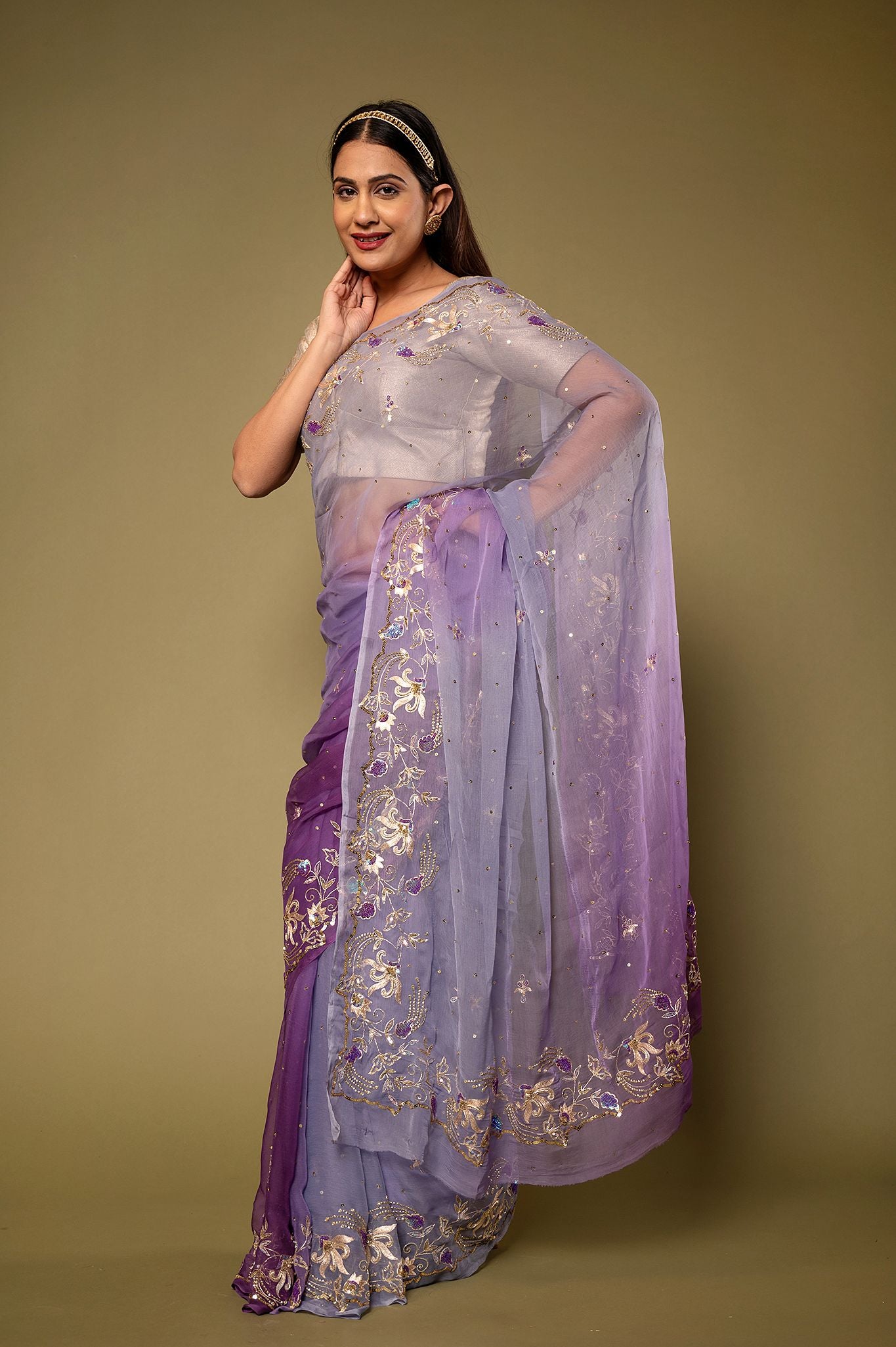 Lavender Pure Chiffon aari sequins  border butti handwork saree