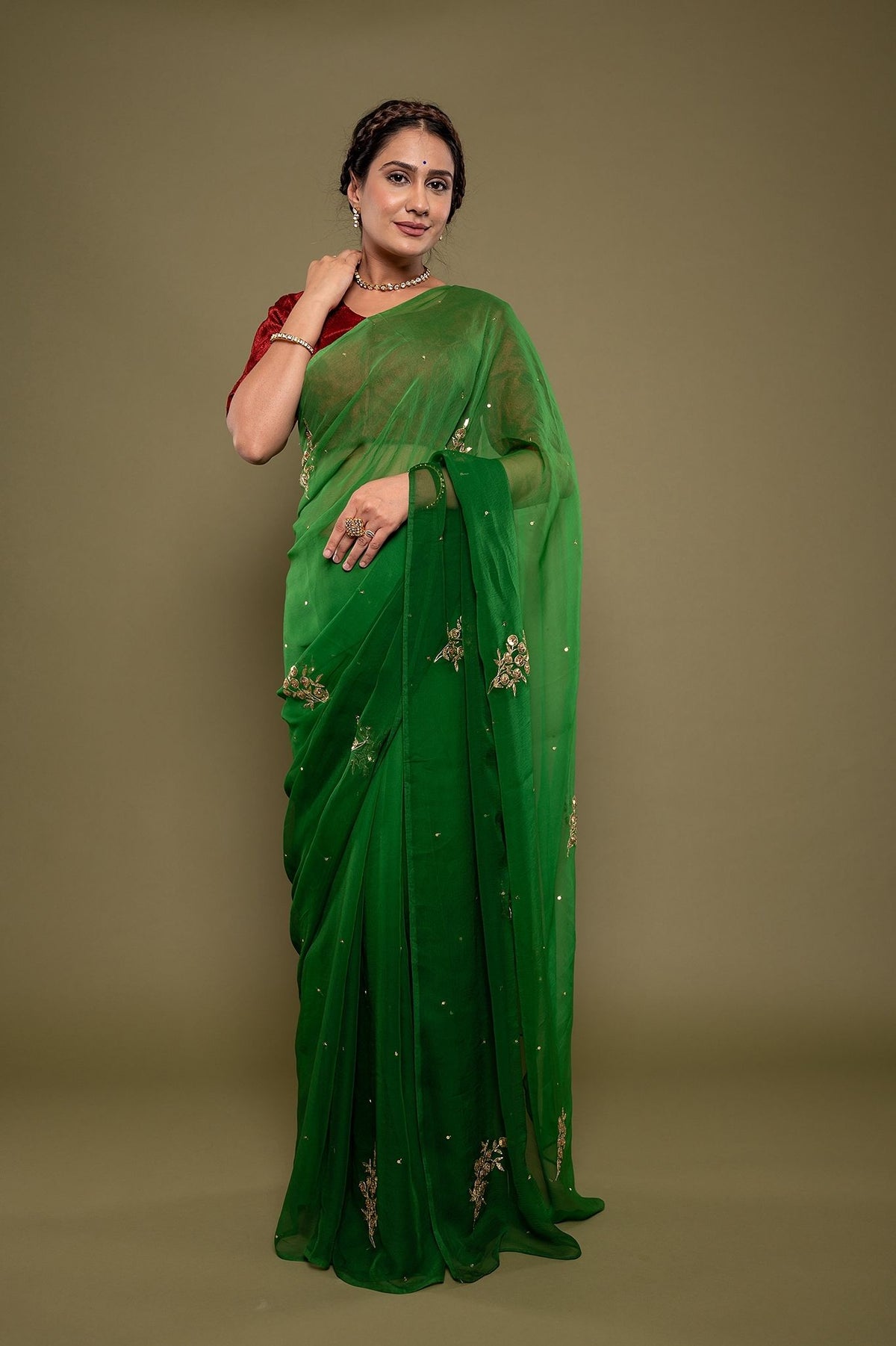 Viscose Chiffon Green Butta Work Saree