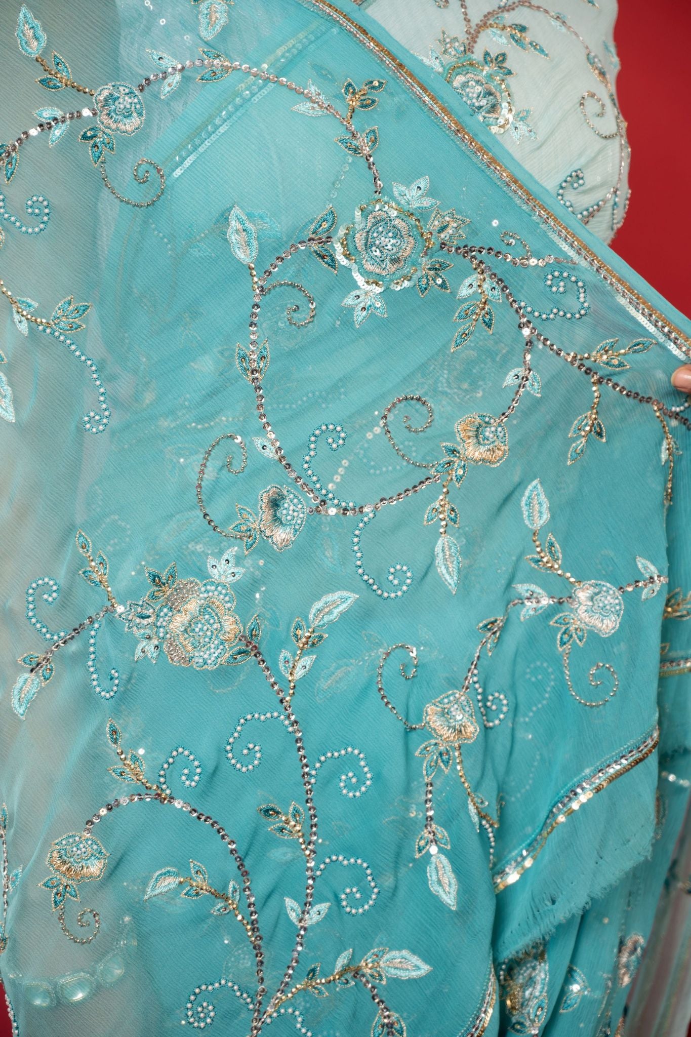 Sky blue light dark pure chiffon Aari sequins  resham pearl work handwork saree