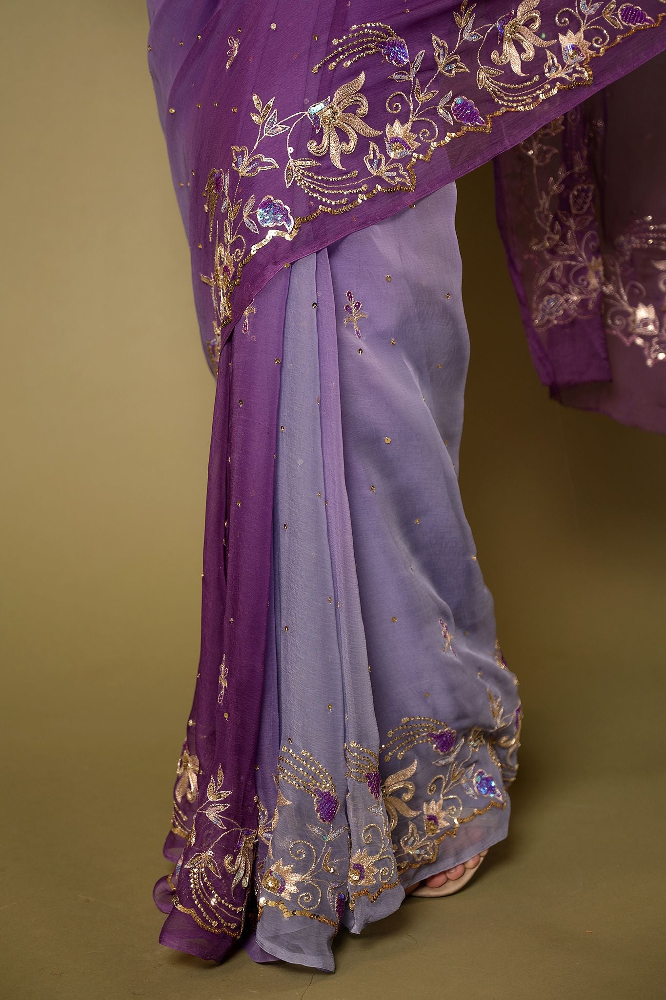 Lavender Pure Chiffon aari sequins  border butti handwork saree