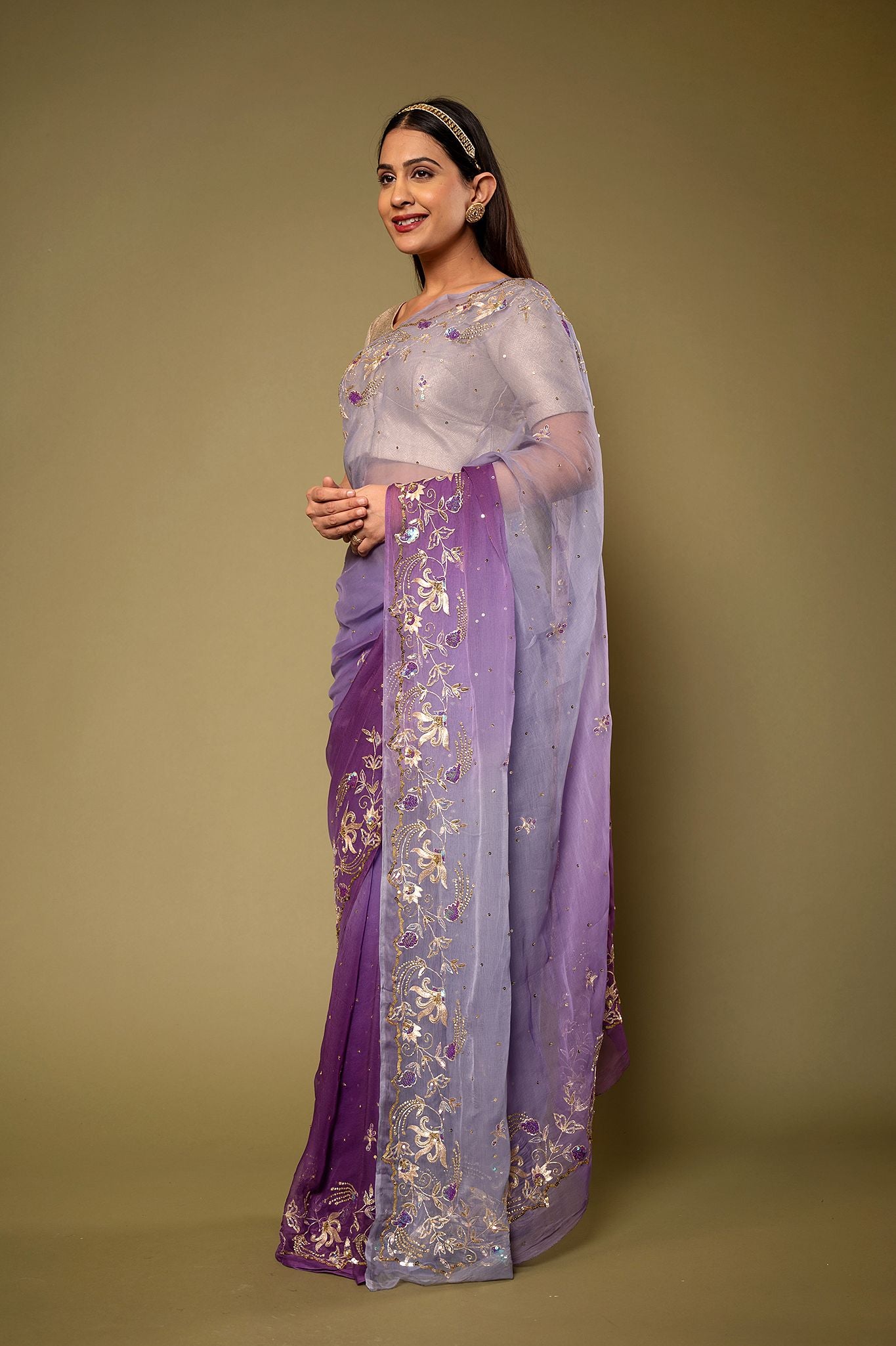 Lavender Pure Chiffon aari sequins  border butti handwork saree