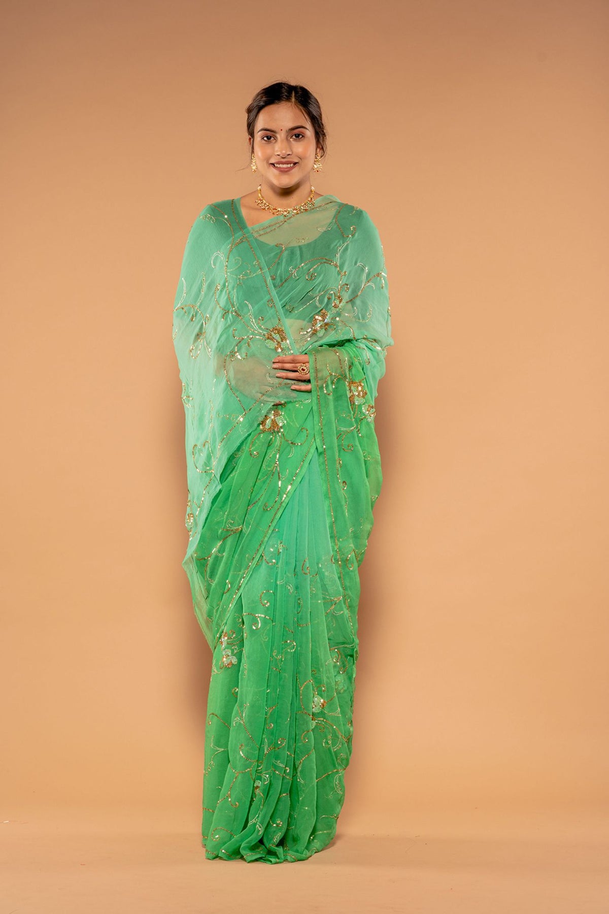 Sequins Jaal Green Light Dark Pure Platinum Chiffon Saree