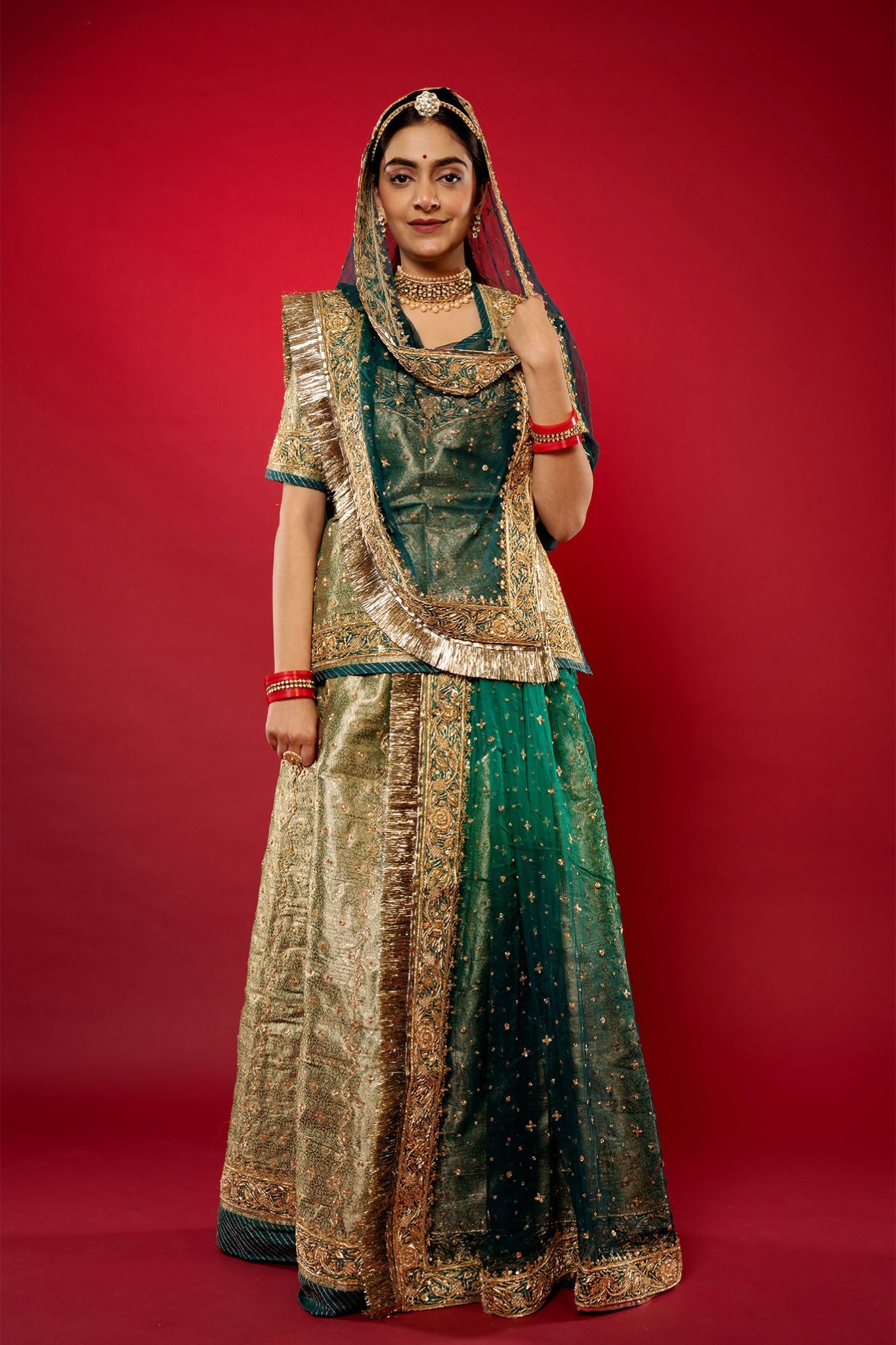 bottle green banarasi brocade zardozi handwork Rajputi Poshak  with Pure odhna