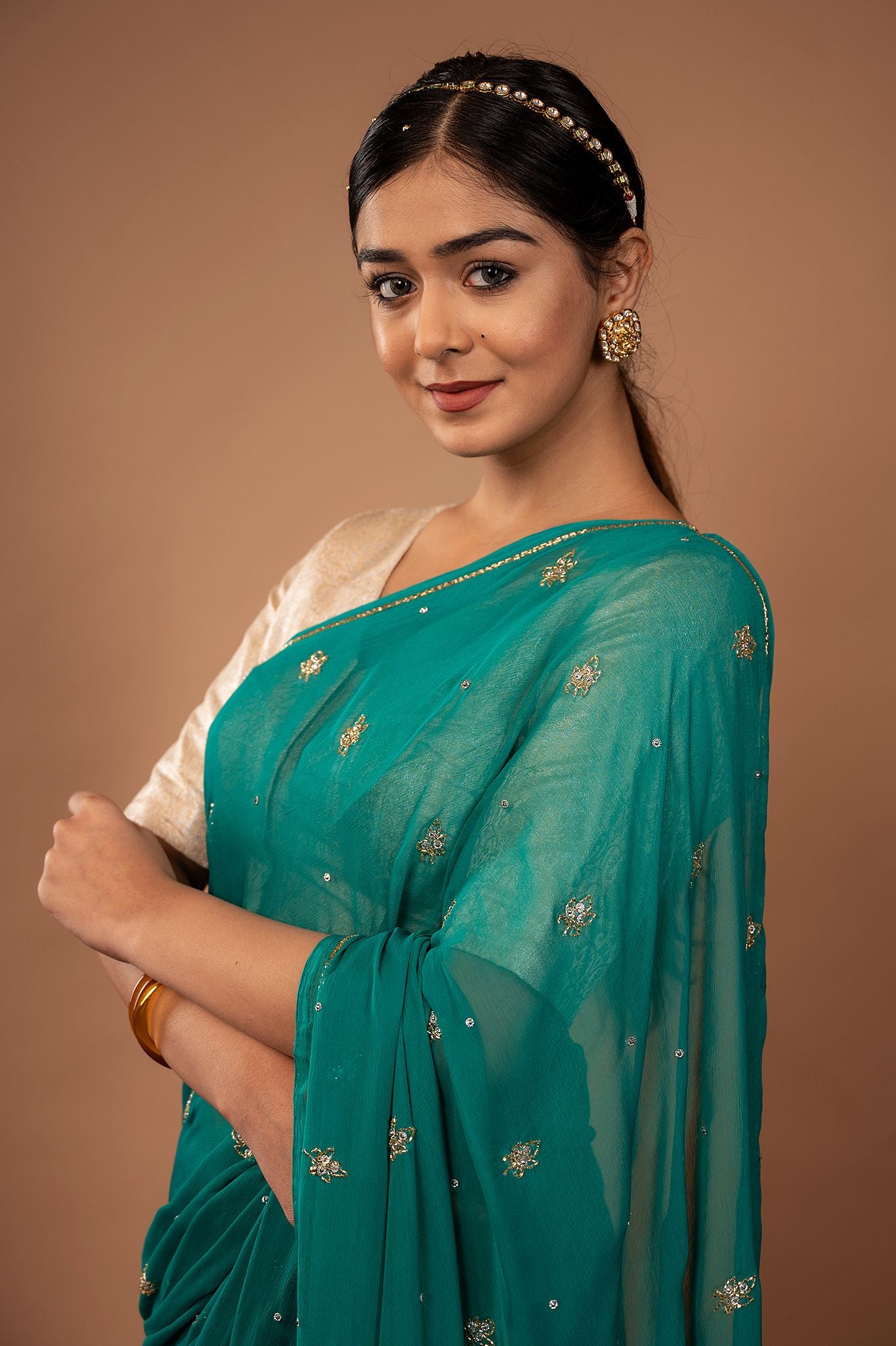 Rama green viscose chiffon kardana motif handwork casual wear saree