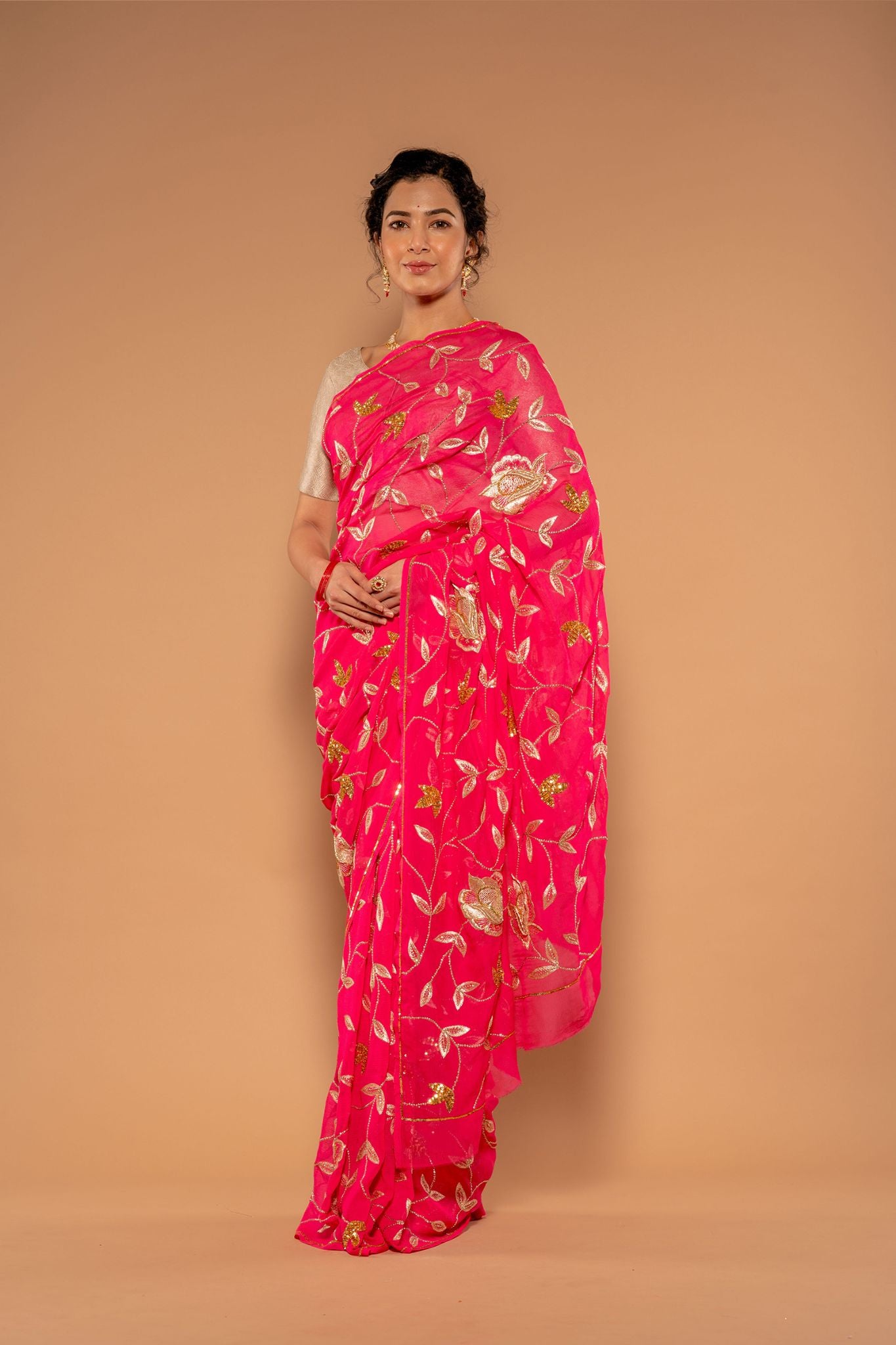 Gajri Pure Chiffon Aari sequins  Jaal Handwork Saree