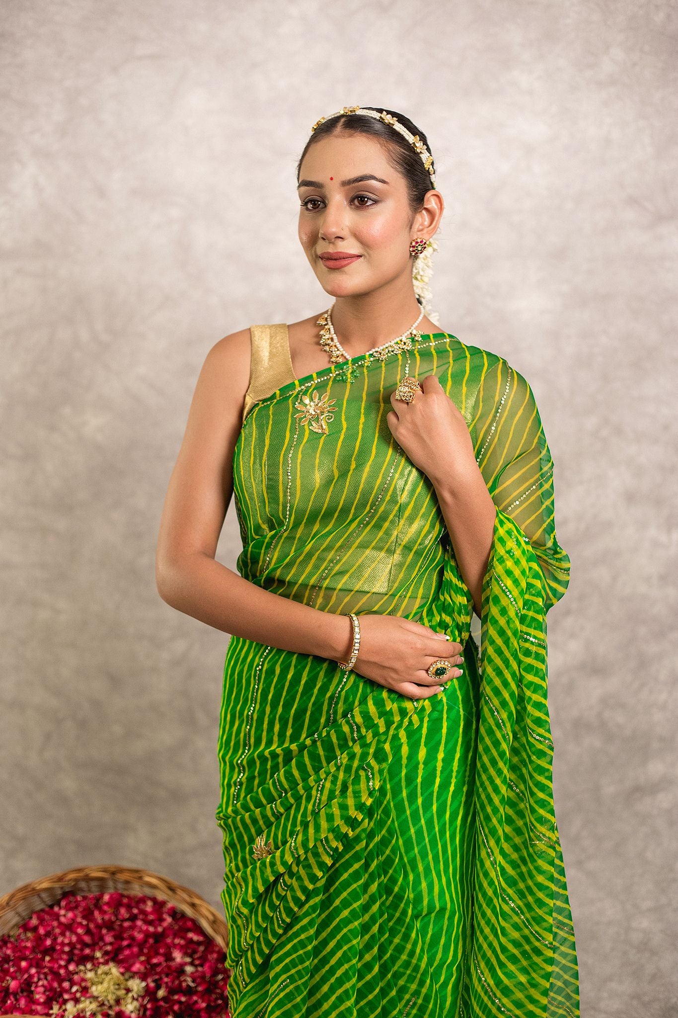 Green lehariya  Pure Georgette 20 Gsm Aari tari  handwork traditional wear saree