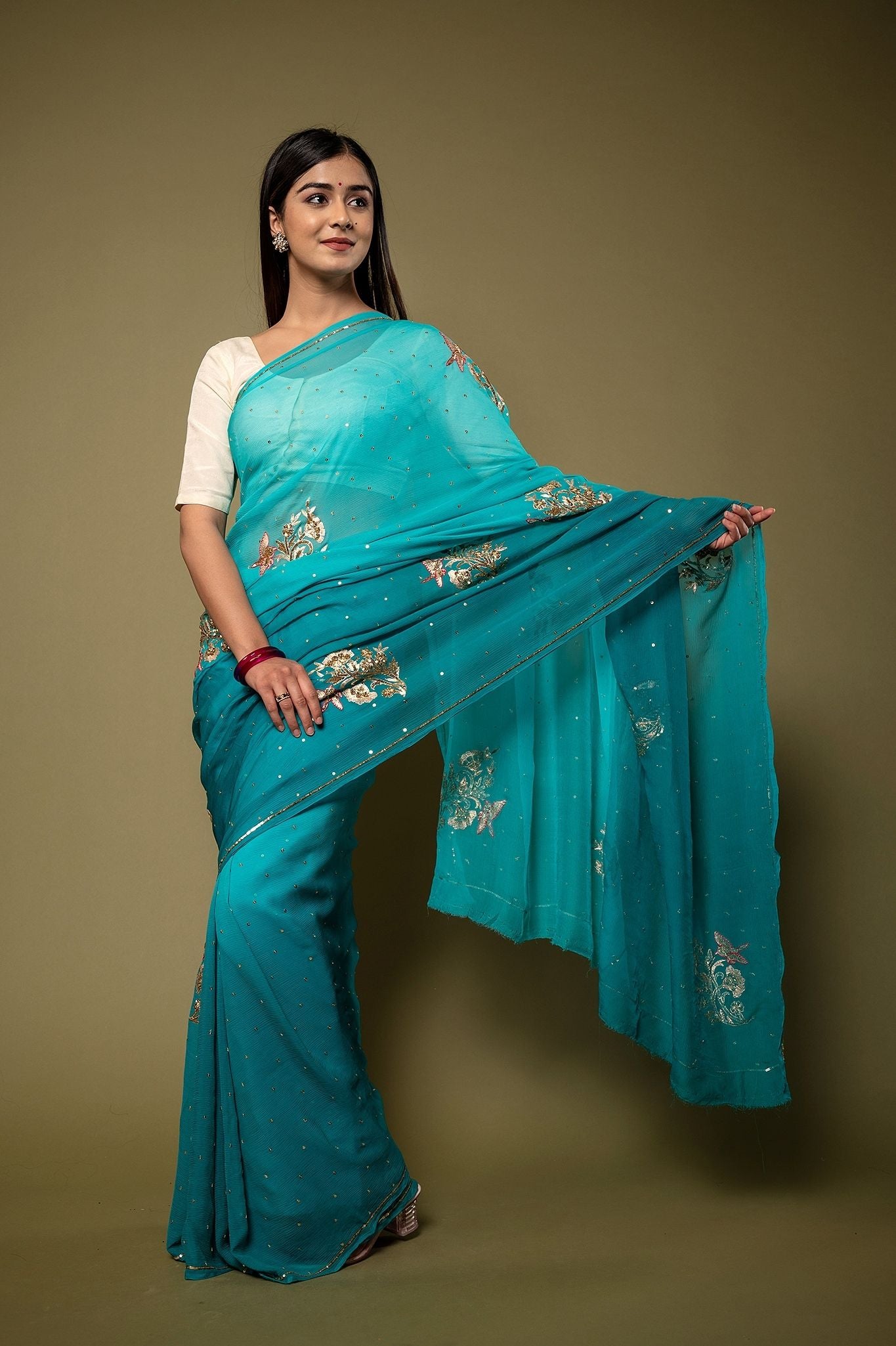 Rama Blue Light dark Pure Chiffon sequins  motif  handwork saree