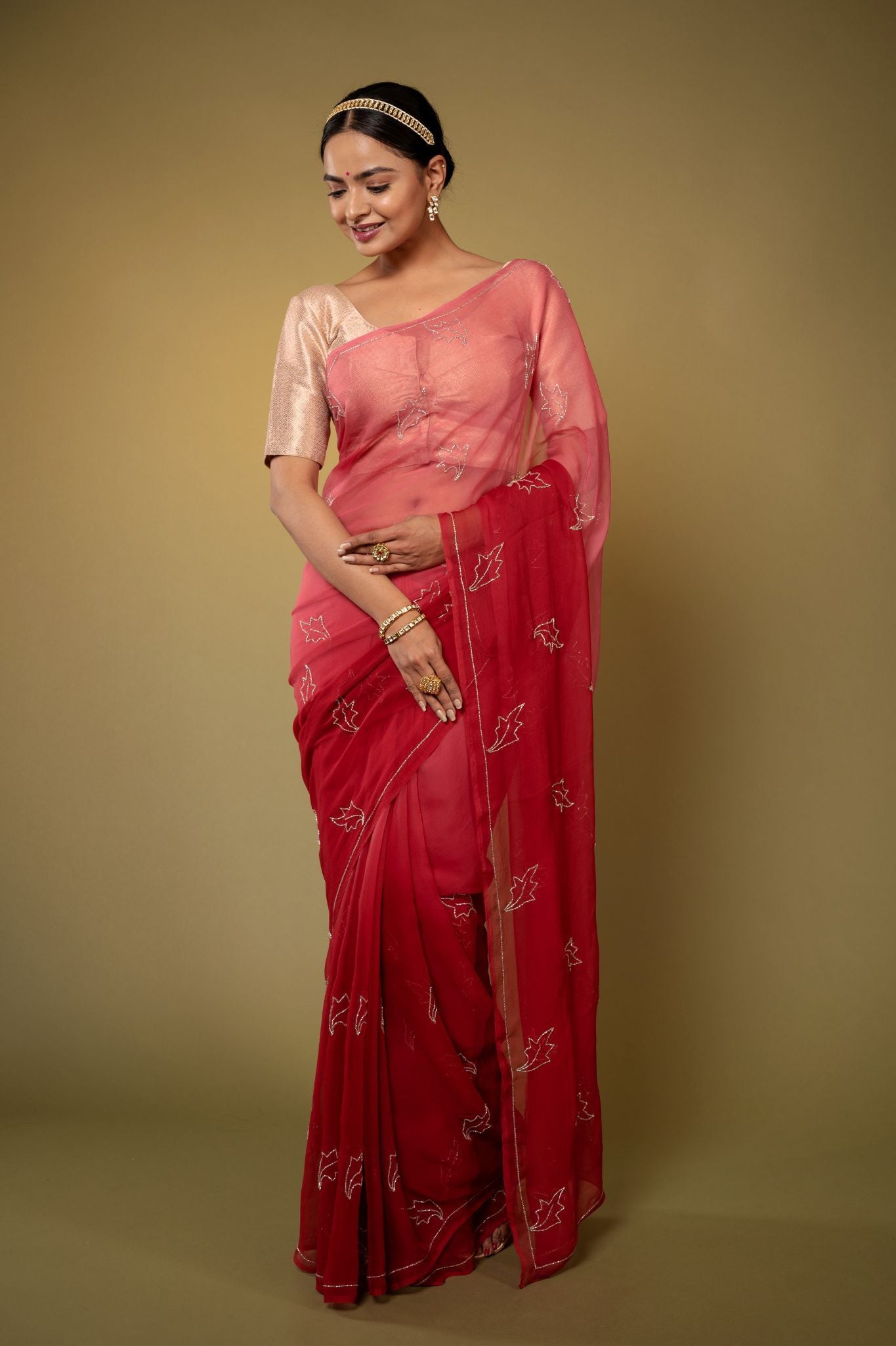 Burgundy red viscose chiffon kardana  handwork casual wear saree