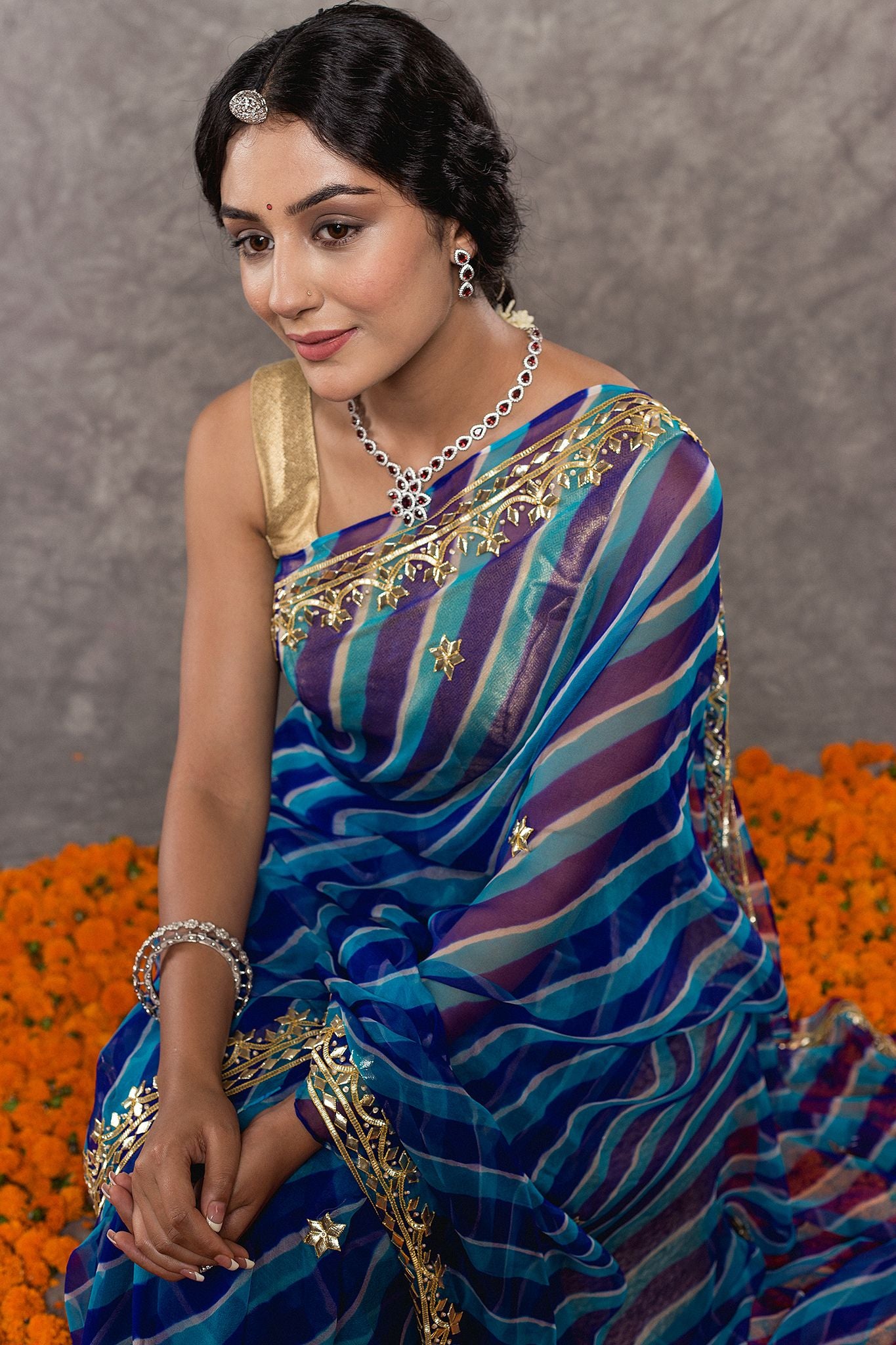 Blue Lehariya Pure Georgette 20 Gsm Sikhiya gota mohri pati handwork traditional wear saree