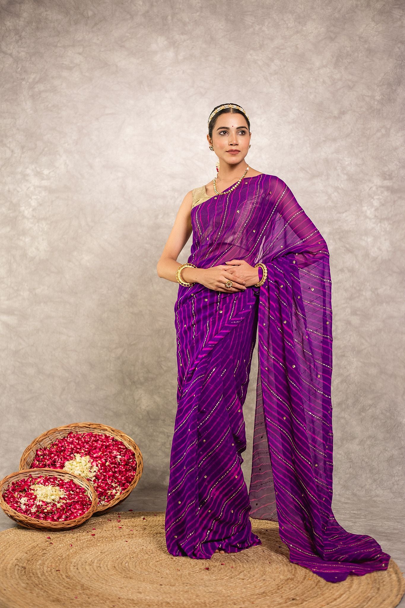 Purple lehariya  Pure Georgette 20 Gsm Aari tari  handwork traditional wear saree