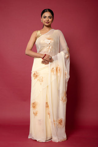 Ivory Handpainted Viscose Chiffon Saree