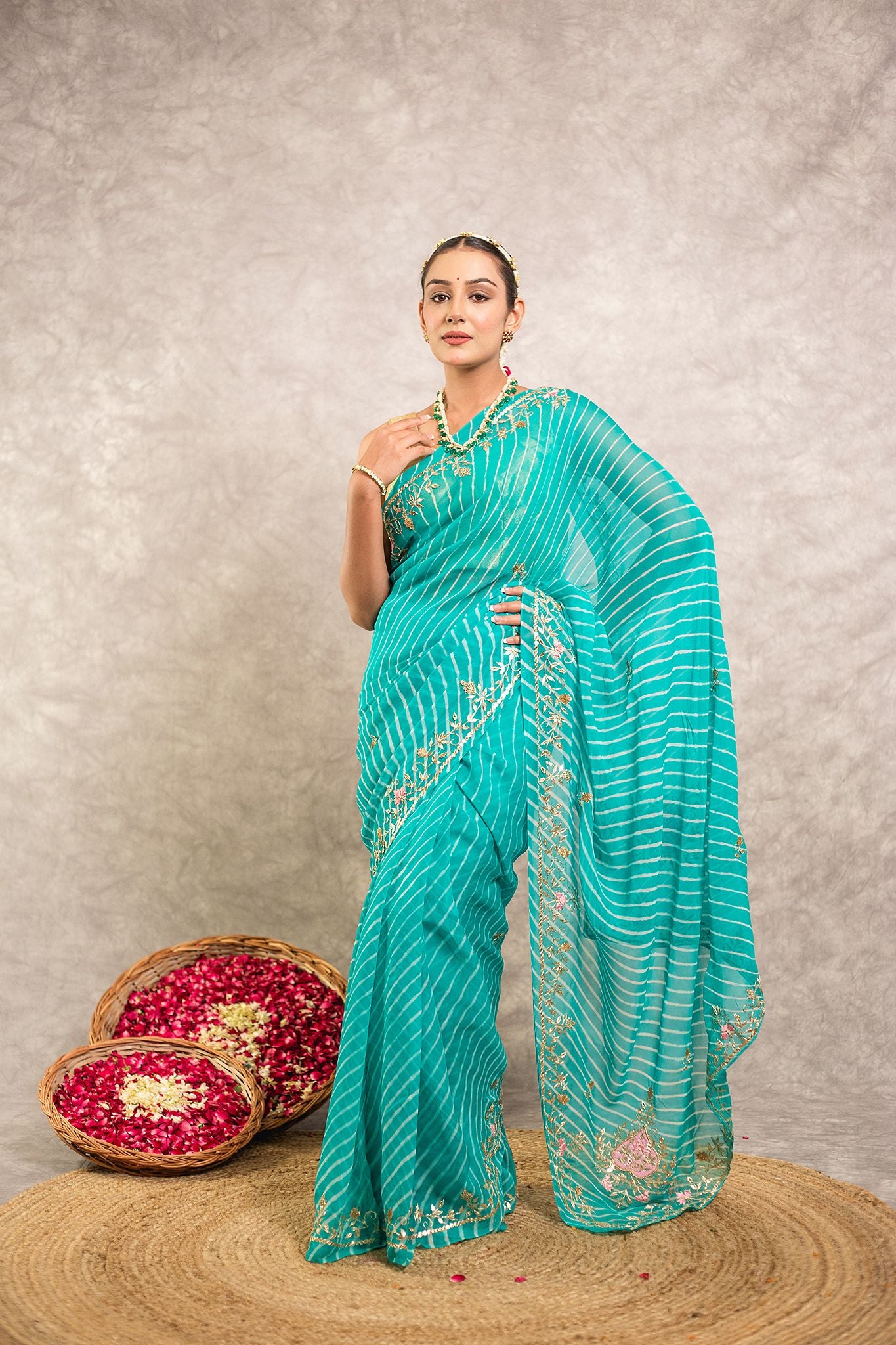 Firozi Lehariya Pure Georgette 20 Gsm aari sequins   handwork traditional wear saree