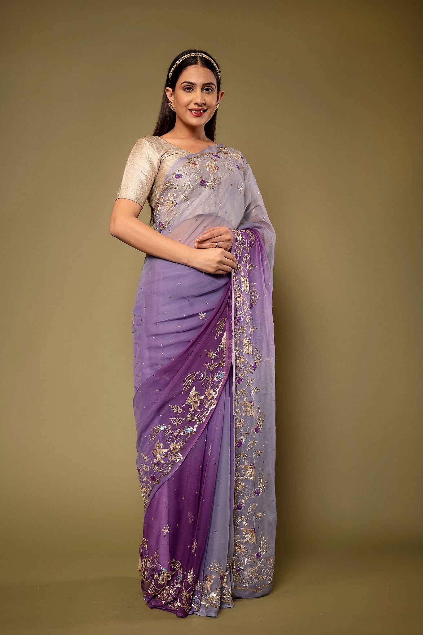 Lavender Pure Chiffon aari sequins  border butti handwork saree