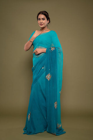 Viscose Chiffon Sky Blue Butta Work Saree