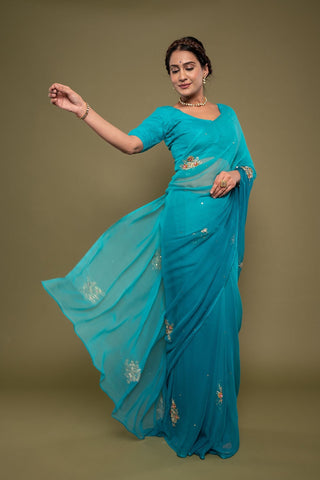 Viscose Chiffon Sky Blue Butta Work Saree