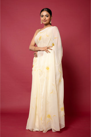 Ivory Handpainted Viscose Chiffon Saree