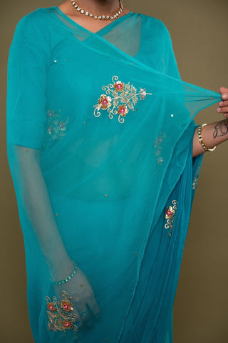 Viscose Chiffon Sky Blue Butta Work Saree