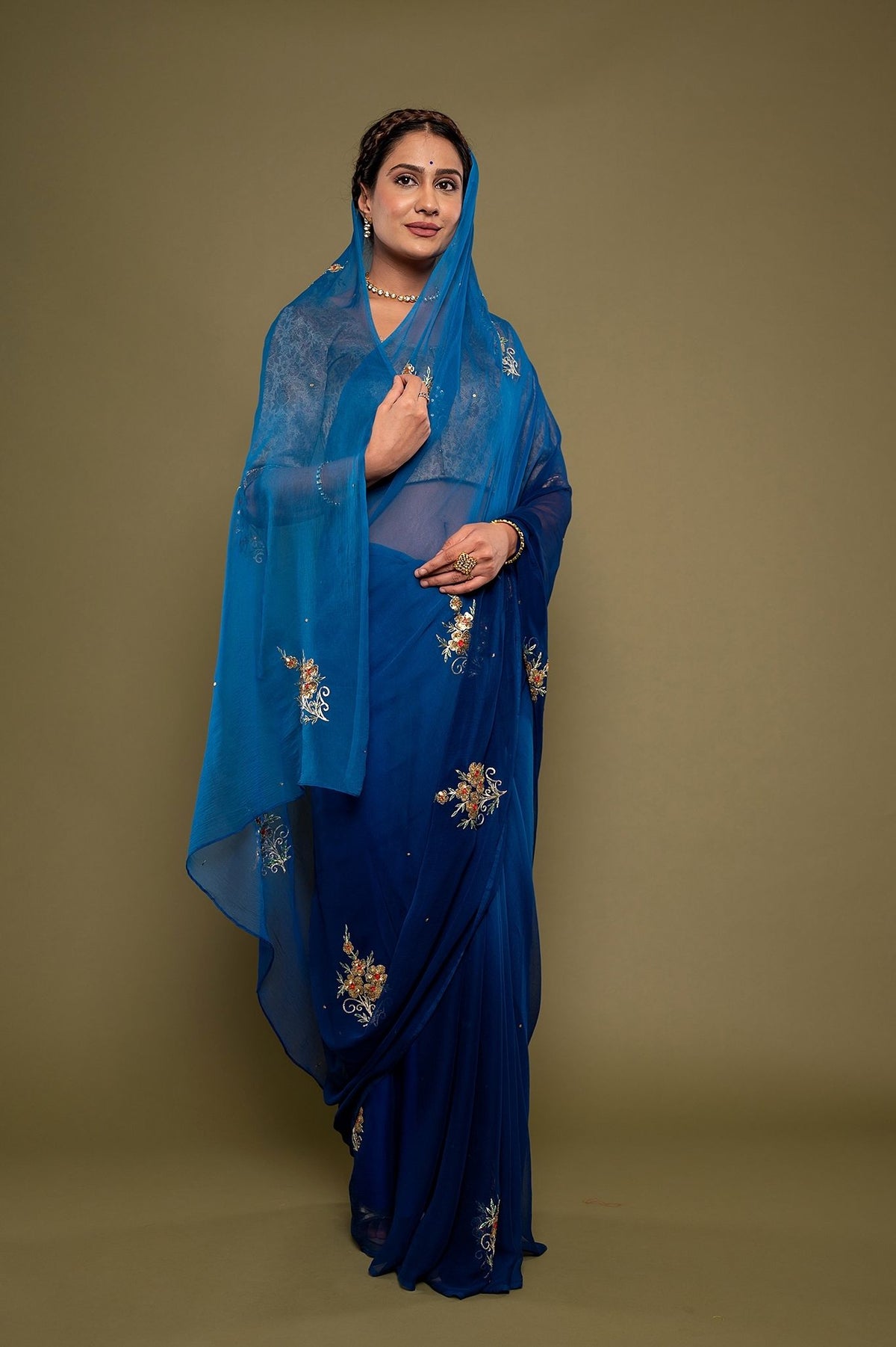 Blue Viscose Chiffon Butta Siquins Saree