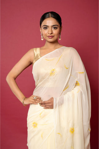 Ivory Handpainted Viscose Chiffon Saree