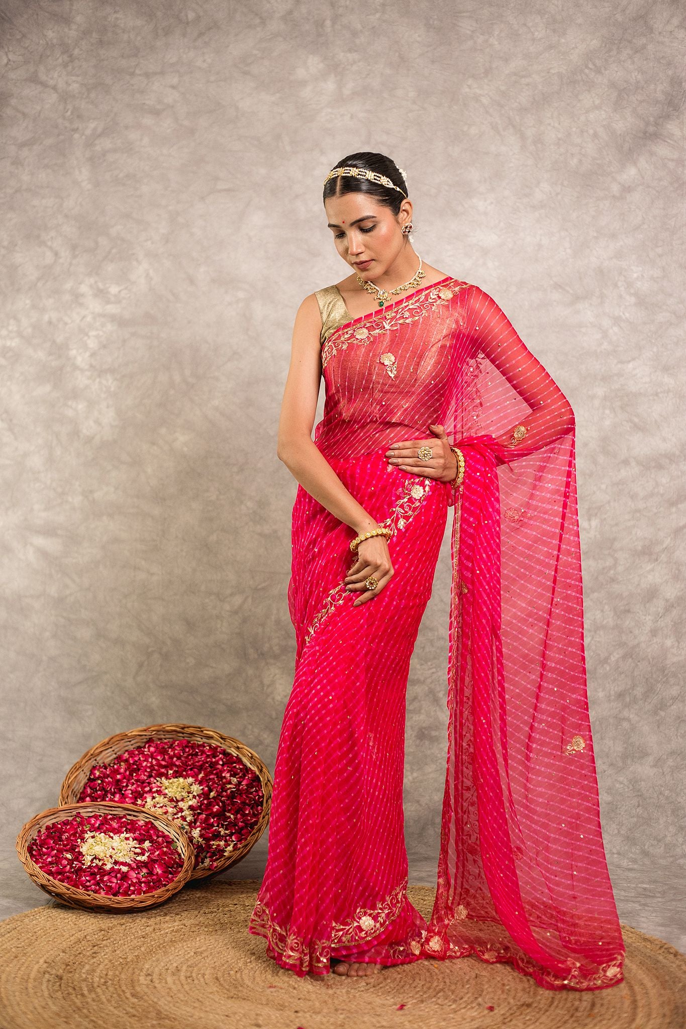 Magenta Lehariya  Pure Georgette 20 Gsm aari sequins  border butti handwork traditional wear saree