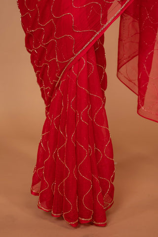 Red Viscose Chiffon All Over Kardhan Work Saree