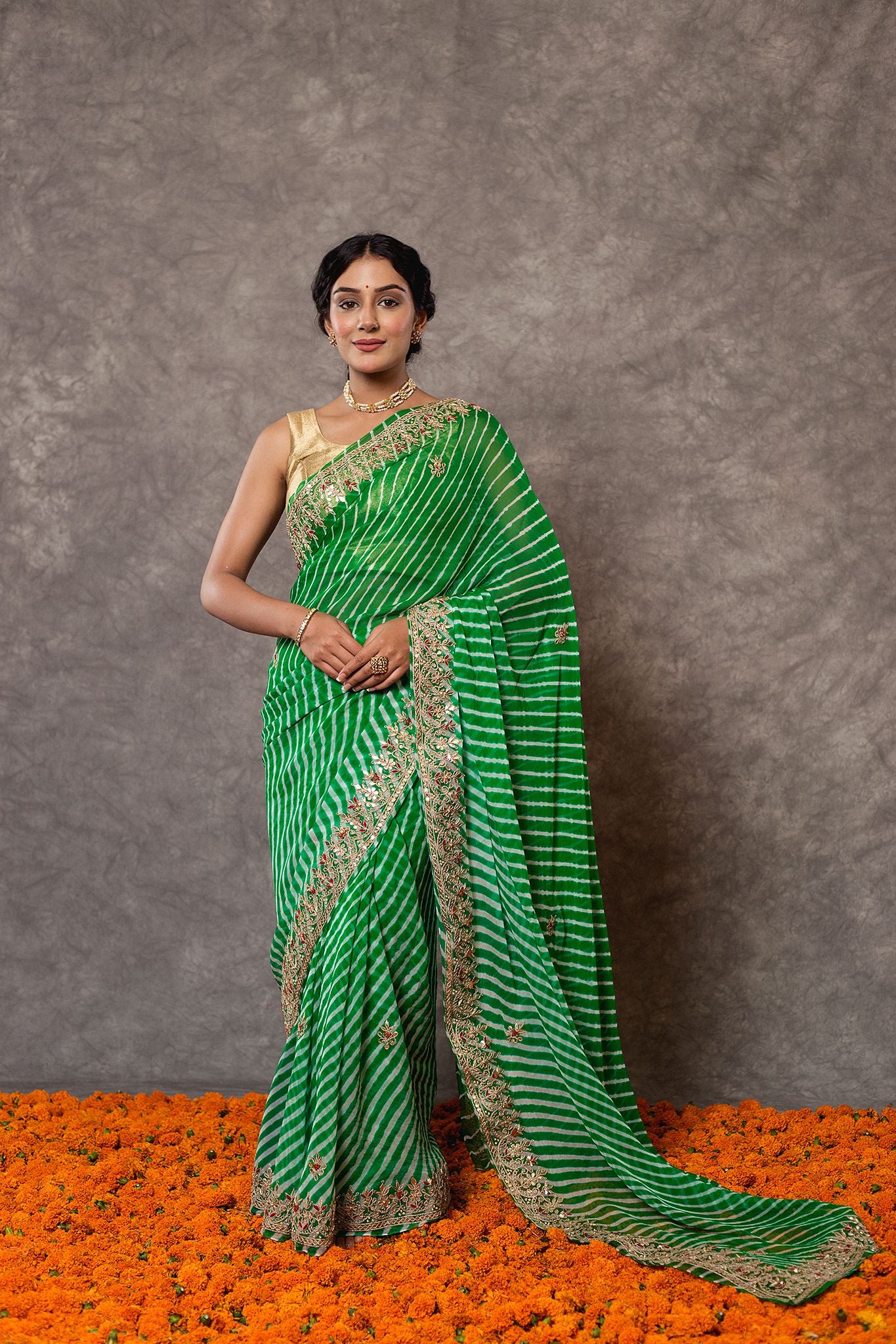 Green lehariya  Pure Georgette 20 Gsm gota pati border butti handwork traditional wear saree