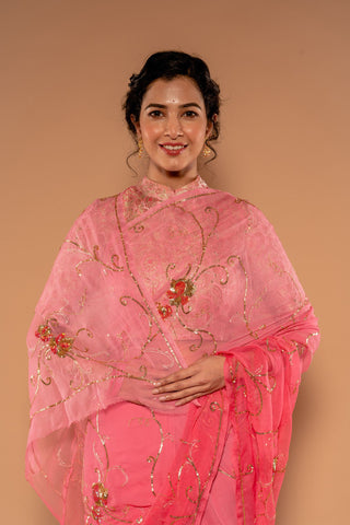 Kardana Sequins Pink Viscose Chiffon Saree