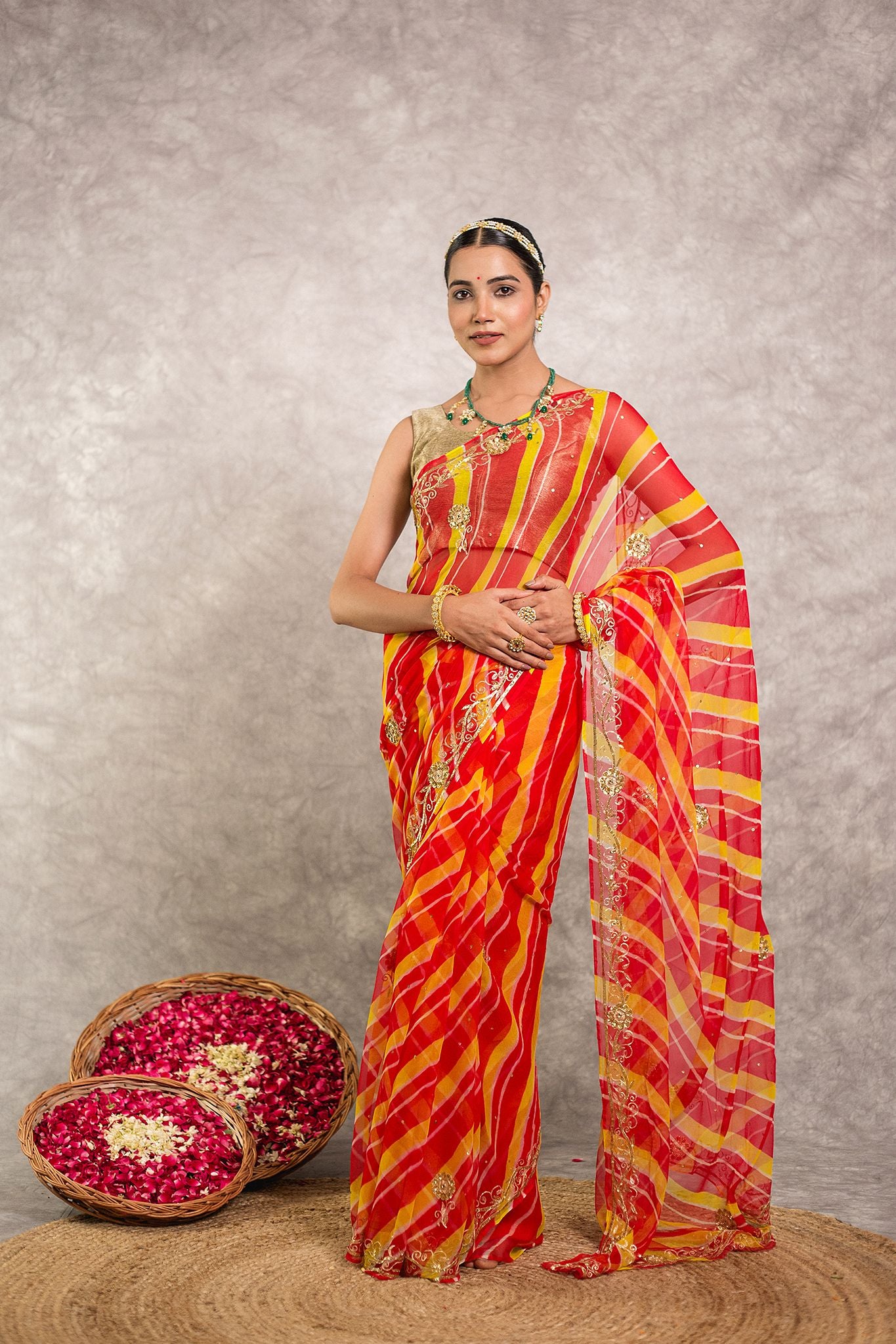 Orange lehariya Pure Georgette 20 Gsm aari sequins  border butti handwork traditional wear saree