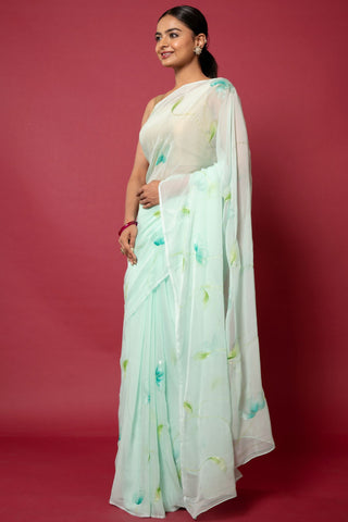 Green Handpainted Viscose Chiffon Saree