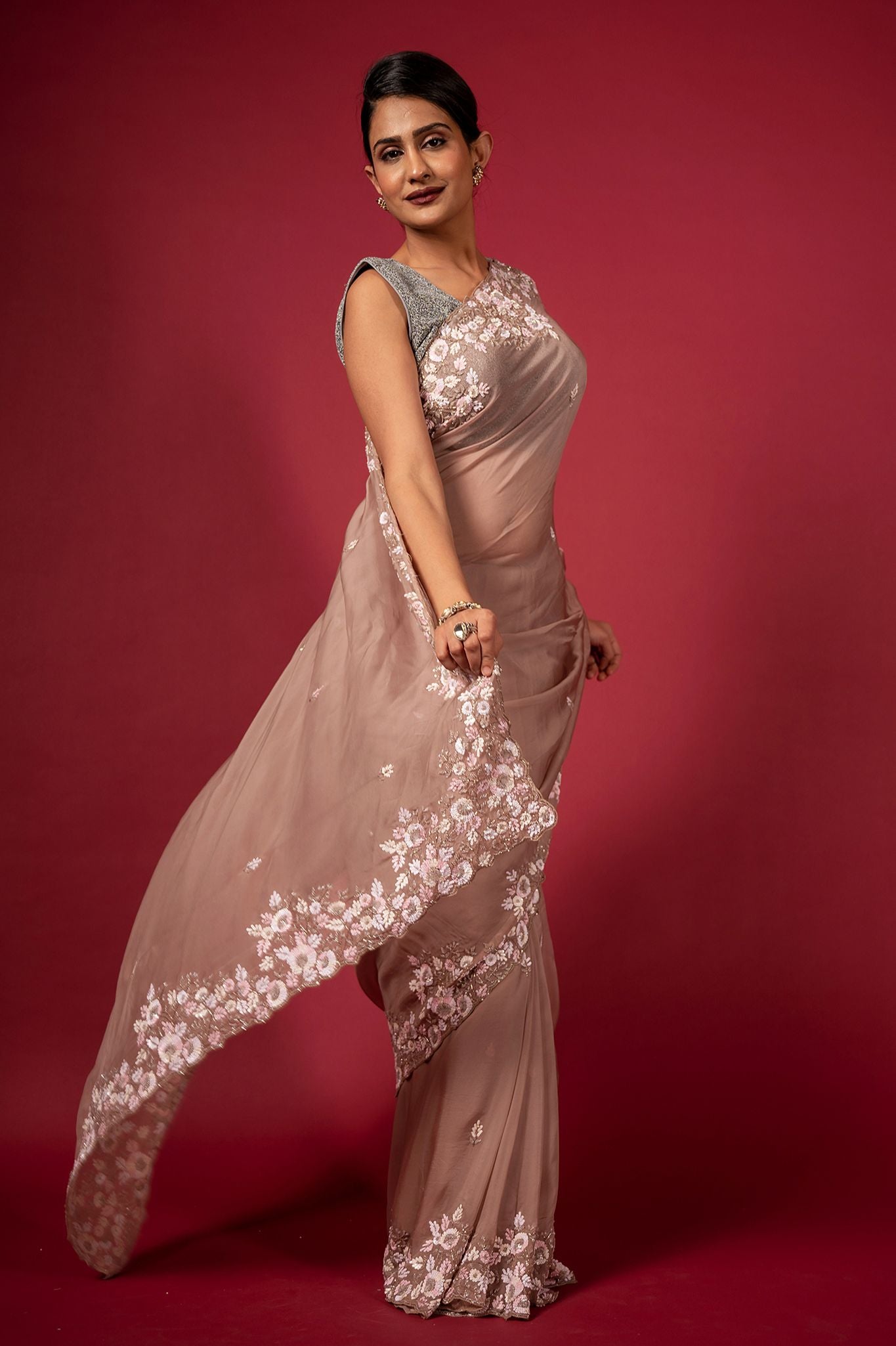 Sand organza sequins kardana handwork saree