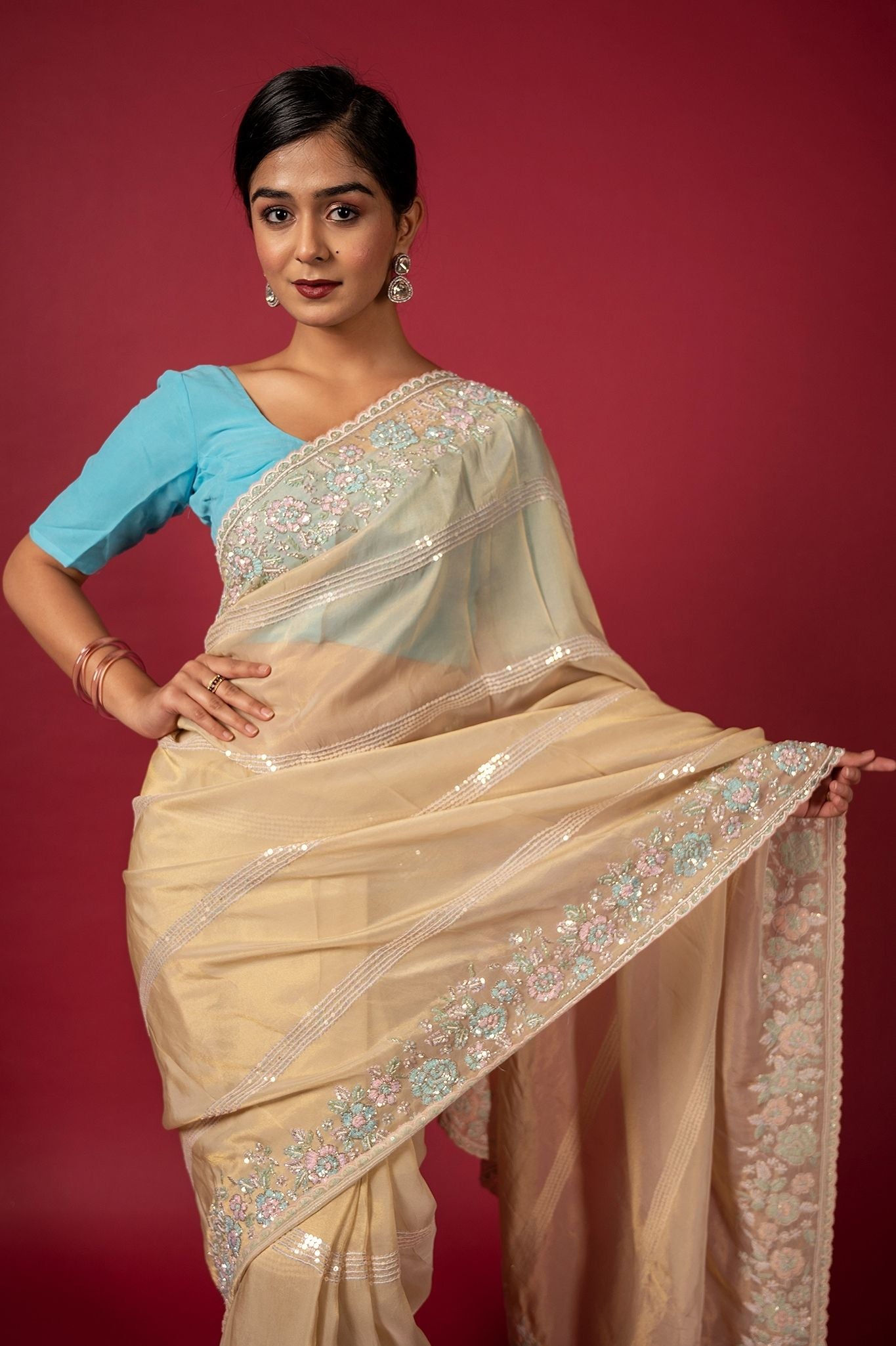 Cream organza  preal sequins fancy work handwork saree