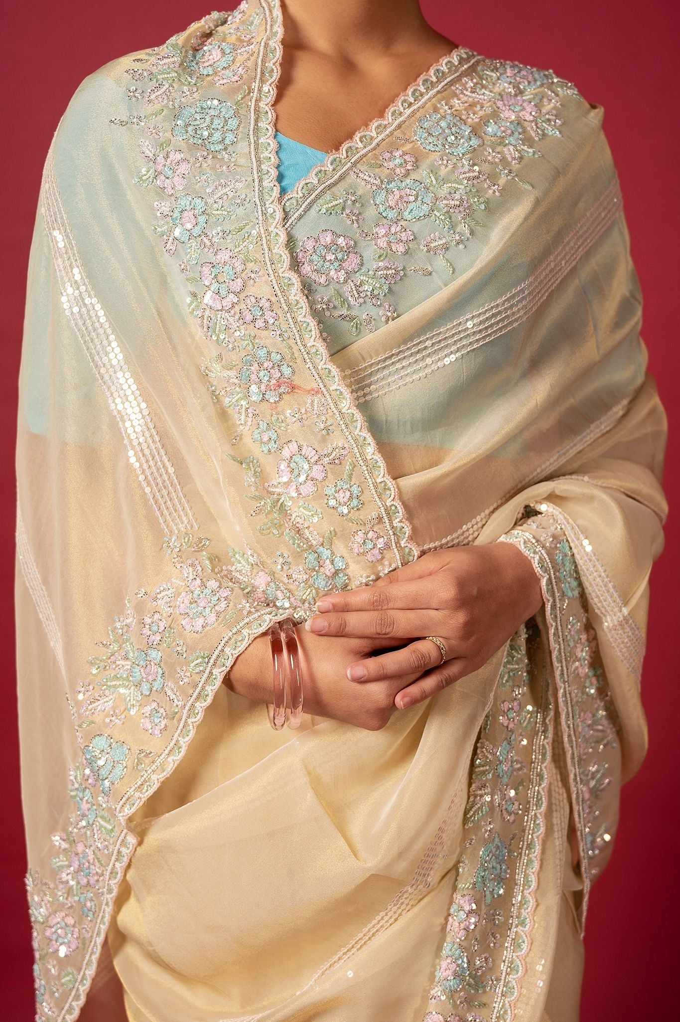 Cream organza  preal sequins fancy work handwork saree