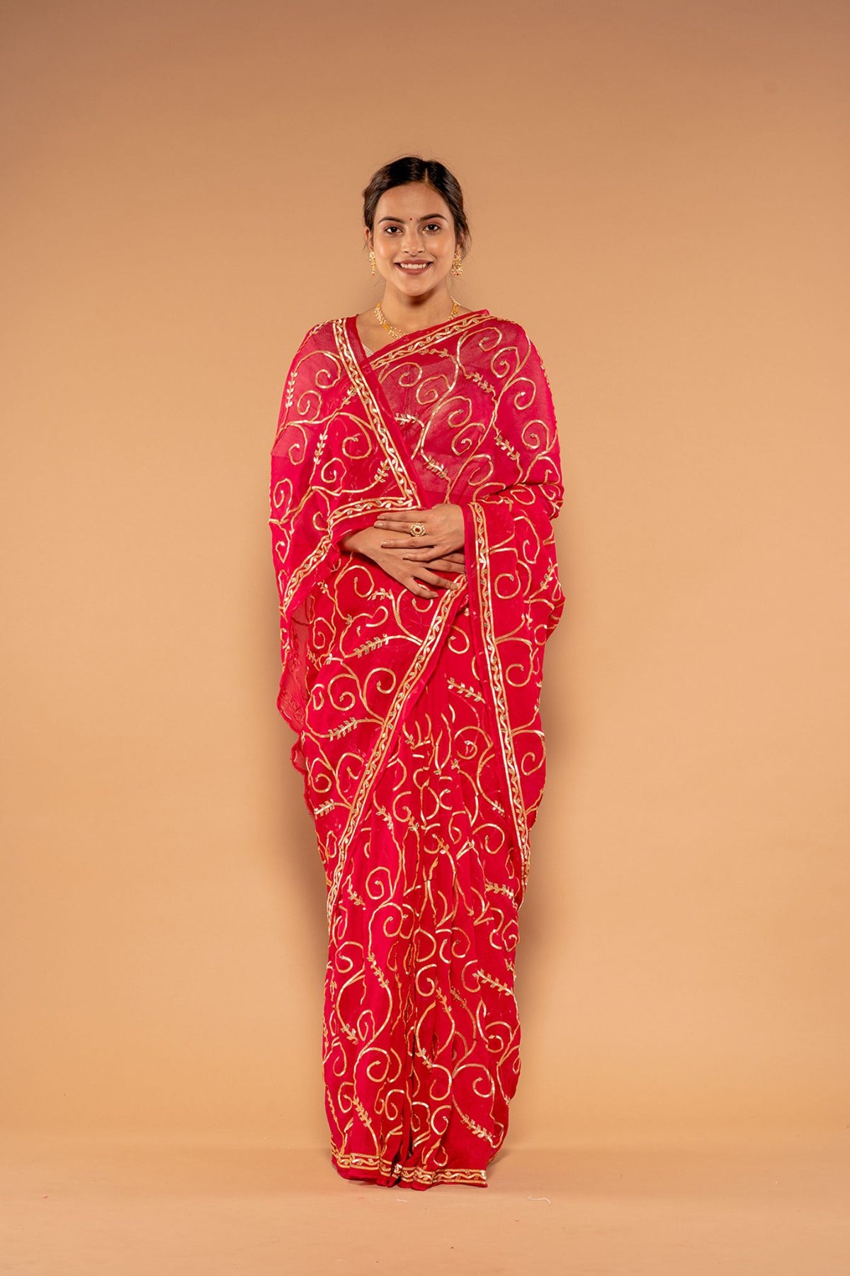 Sikhiya Gota Patti Red Pure Platinum Chiffon Saree