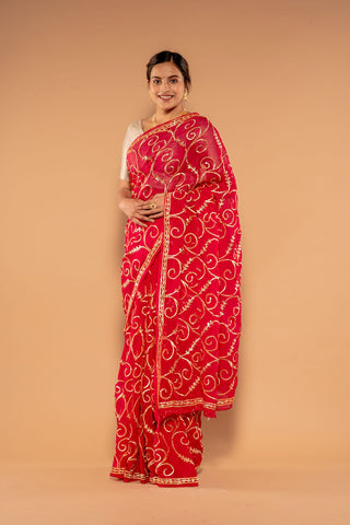 Sikhiya Gota Patti Red Pure Platinum Chiffon Saree