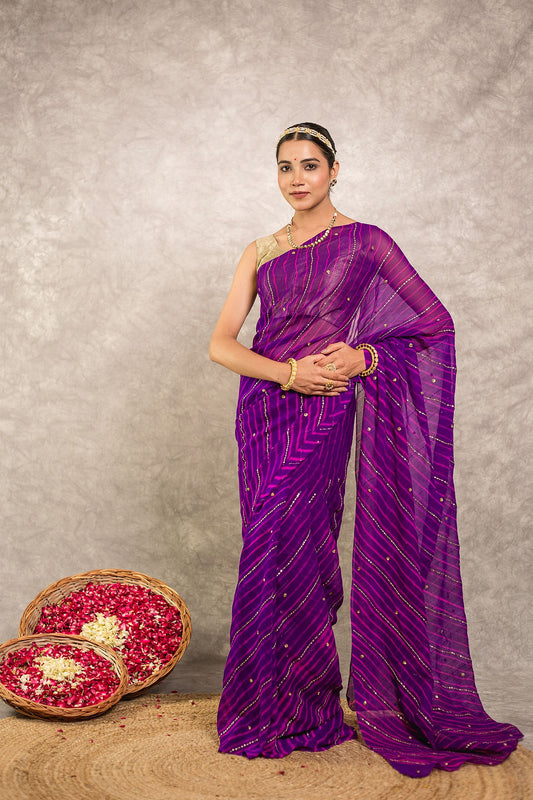 Purple Chinon Chiffon Aari sequins work Lehariya Saree